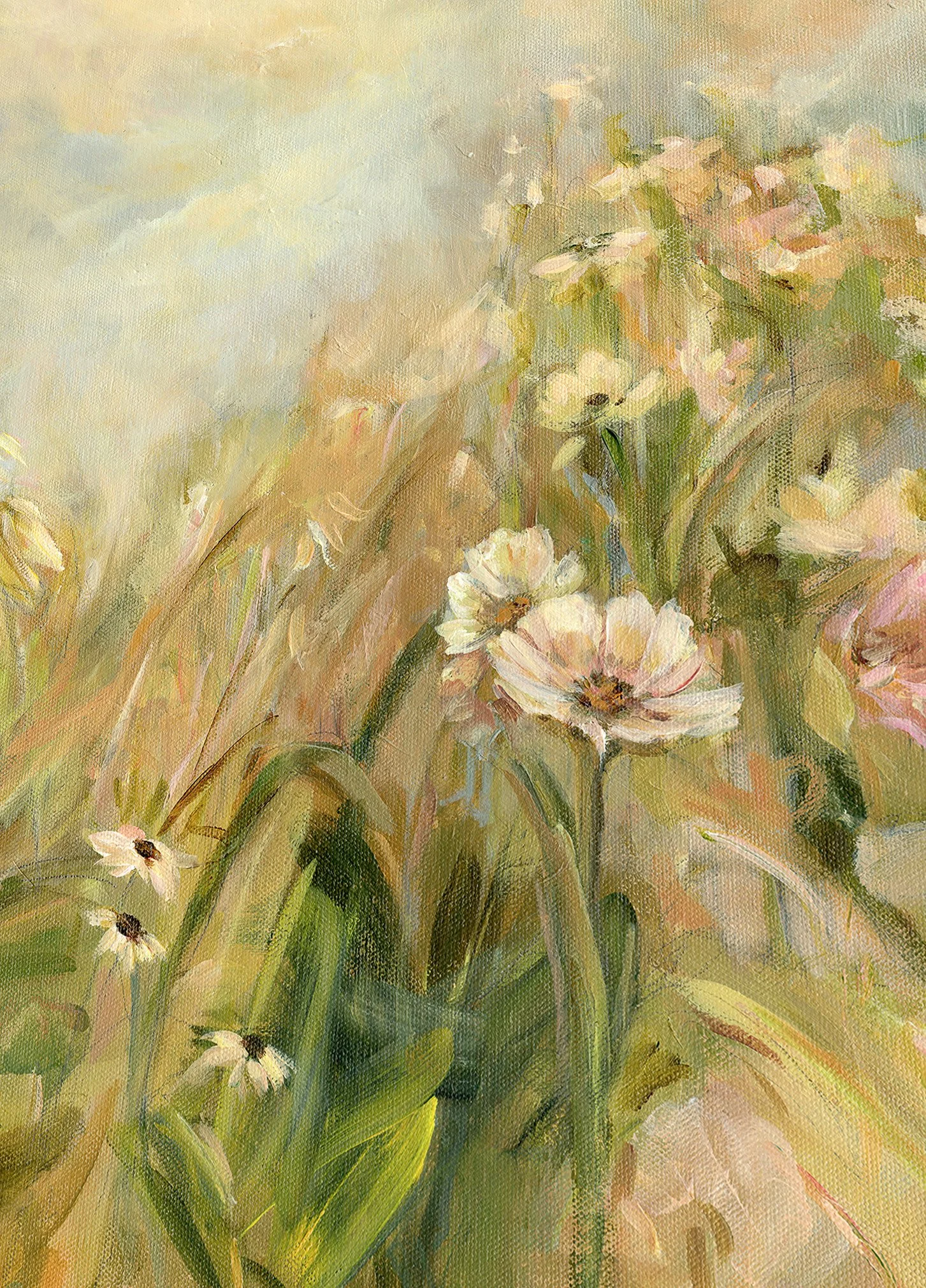 An impressionistic painting of a field with white flowers, green stems, and a soft, muted background.