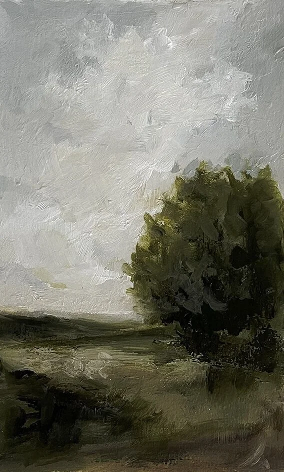 A landscape painting of a tree in a field with a cloudy sky
