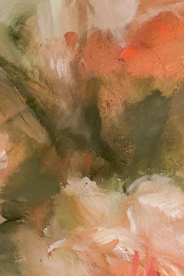 Abstract painting with earthy tones of green, orange, beige, and brown with broad, textured brushstrokes.
