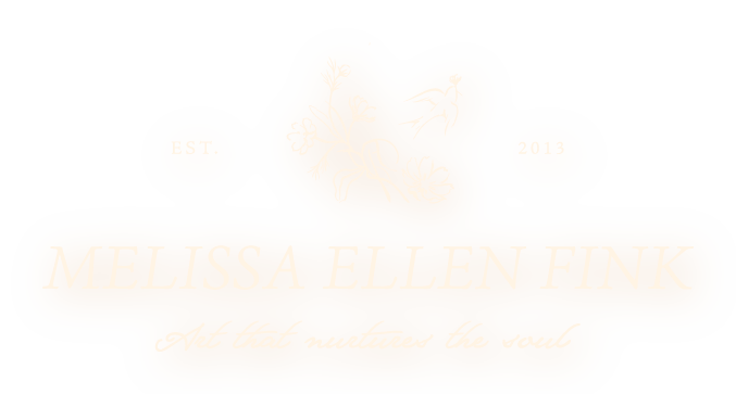 Logo with floral design, featuring the text 'EST. 2013' and 'MELISSA ELLEN FINK' in large script font, and the tagline 'Art that nurtures the soul' in cursive.