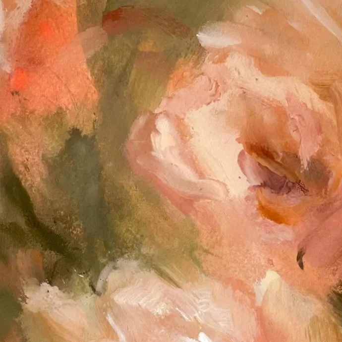 Abstract painting with peach, pink, green, and white brushstrokes.