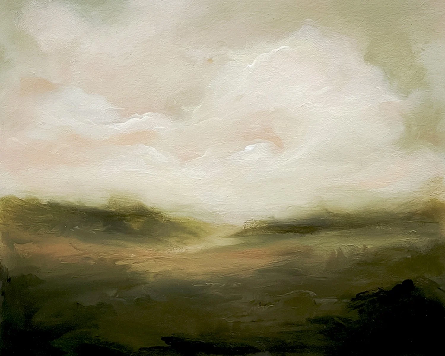 An abstract landscape painting featuring a hazy sky with light pastel colors and dark green and black land or water at the bottom.