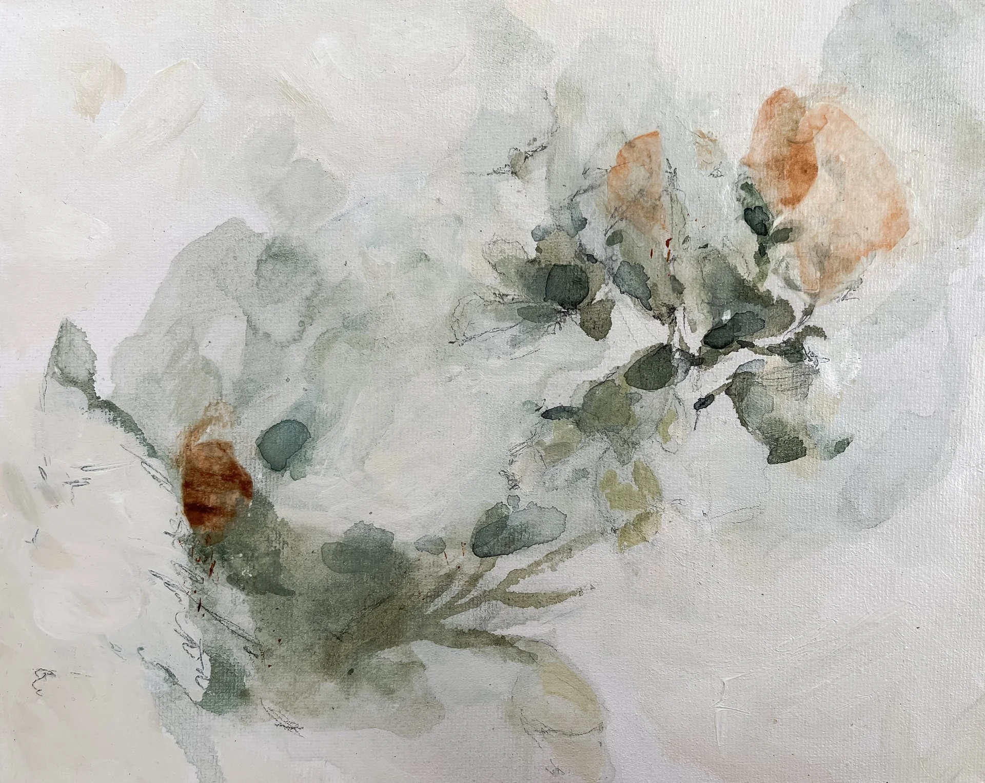 A watercolor painting of a delicate flower with soft pastel orange petals and muted green leaves and stems, artistically rendered on textured paper.