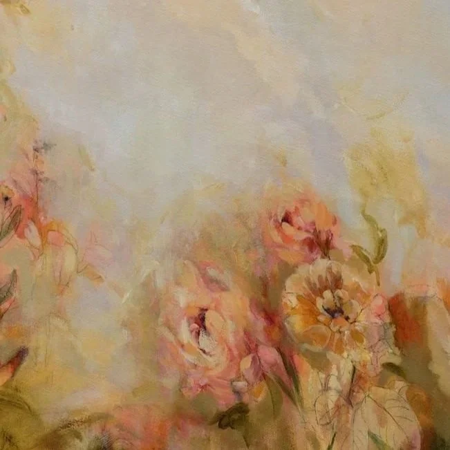 A soft, watercolor painting of pink and orange flowers with green leaves on a light, textured background.