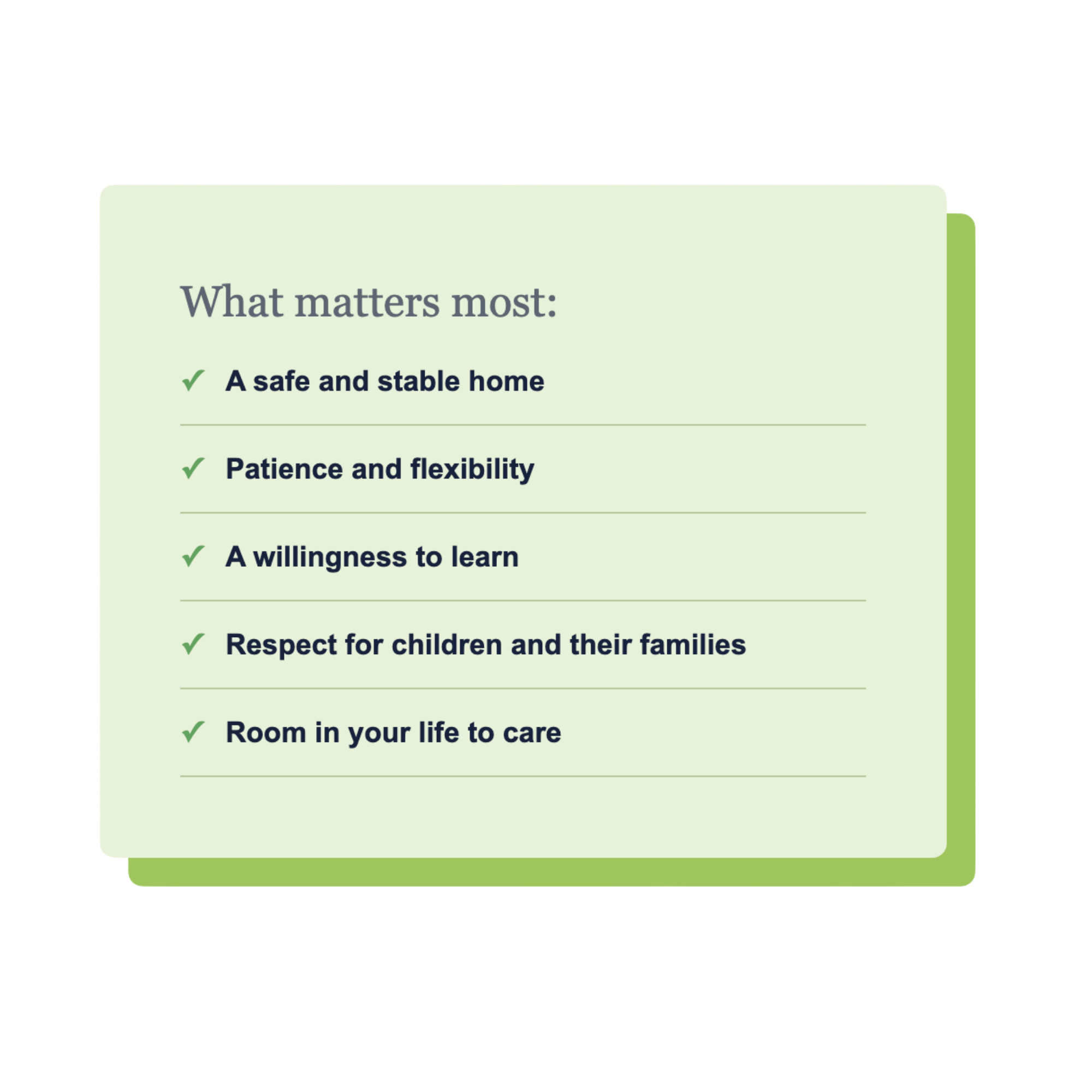 Close-up of a printed list of core values titled 'What matters most:', including items like a safe and stable home, patience and flexibility, willingness to learn, respect for children and their families, and room in your life to care for a child.