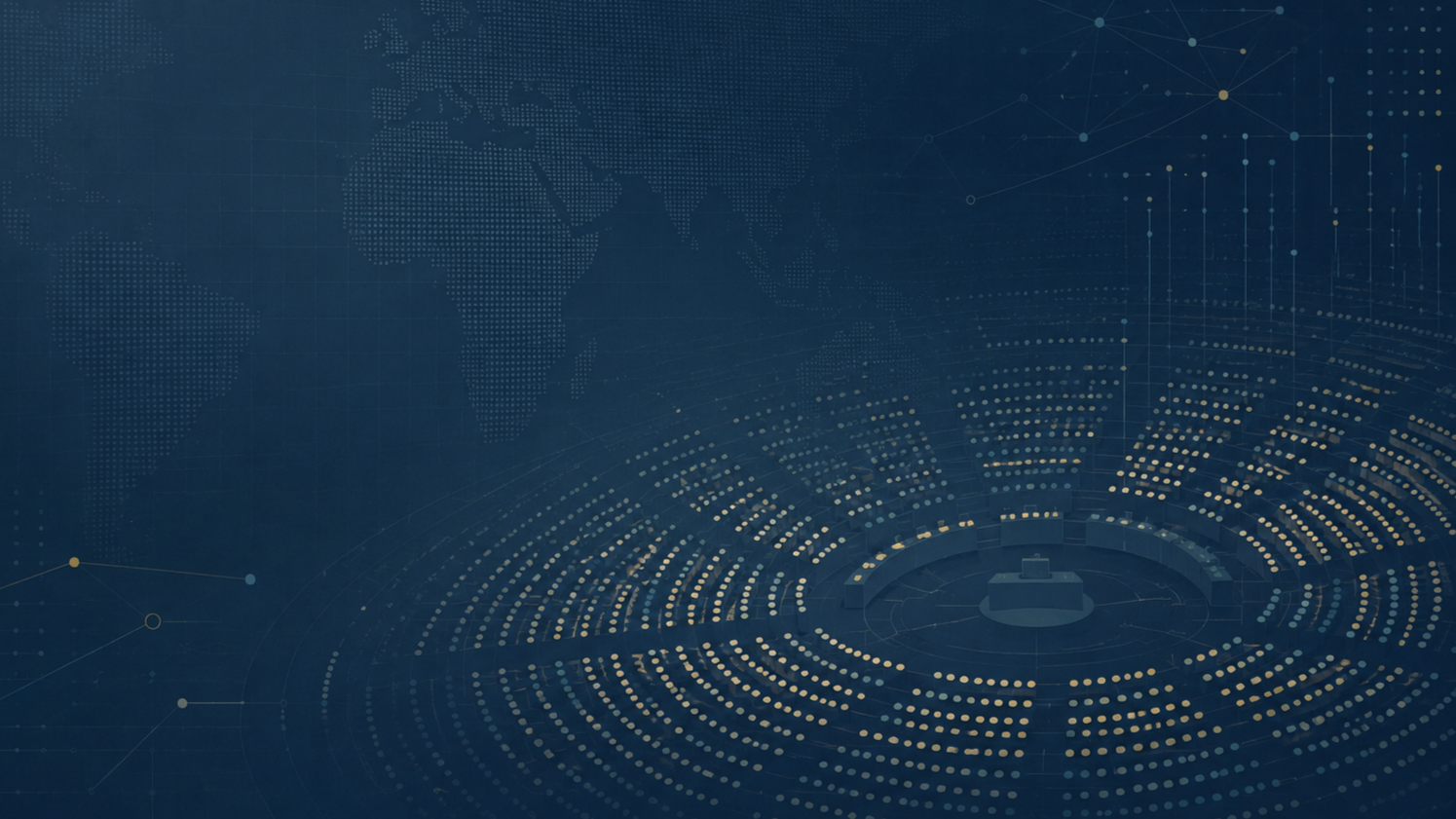 A digital world map with dotted patterns and abstract data visualization elements.