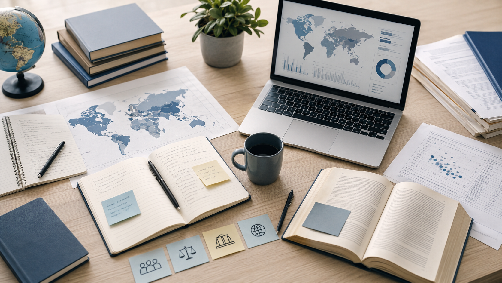 Desk with books, computer, coffee in a mug, plant, globe, and