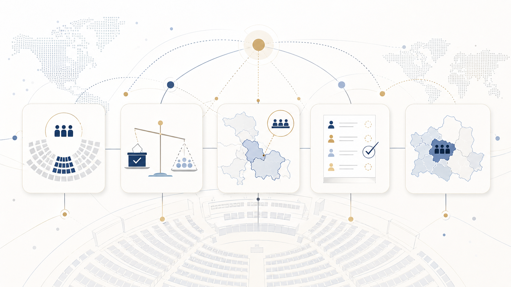 Five connected policy cards showing legislative seats, voting rules, territorial representation, candidate-list requirements, and majority-minority districts.