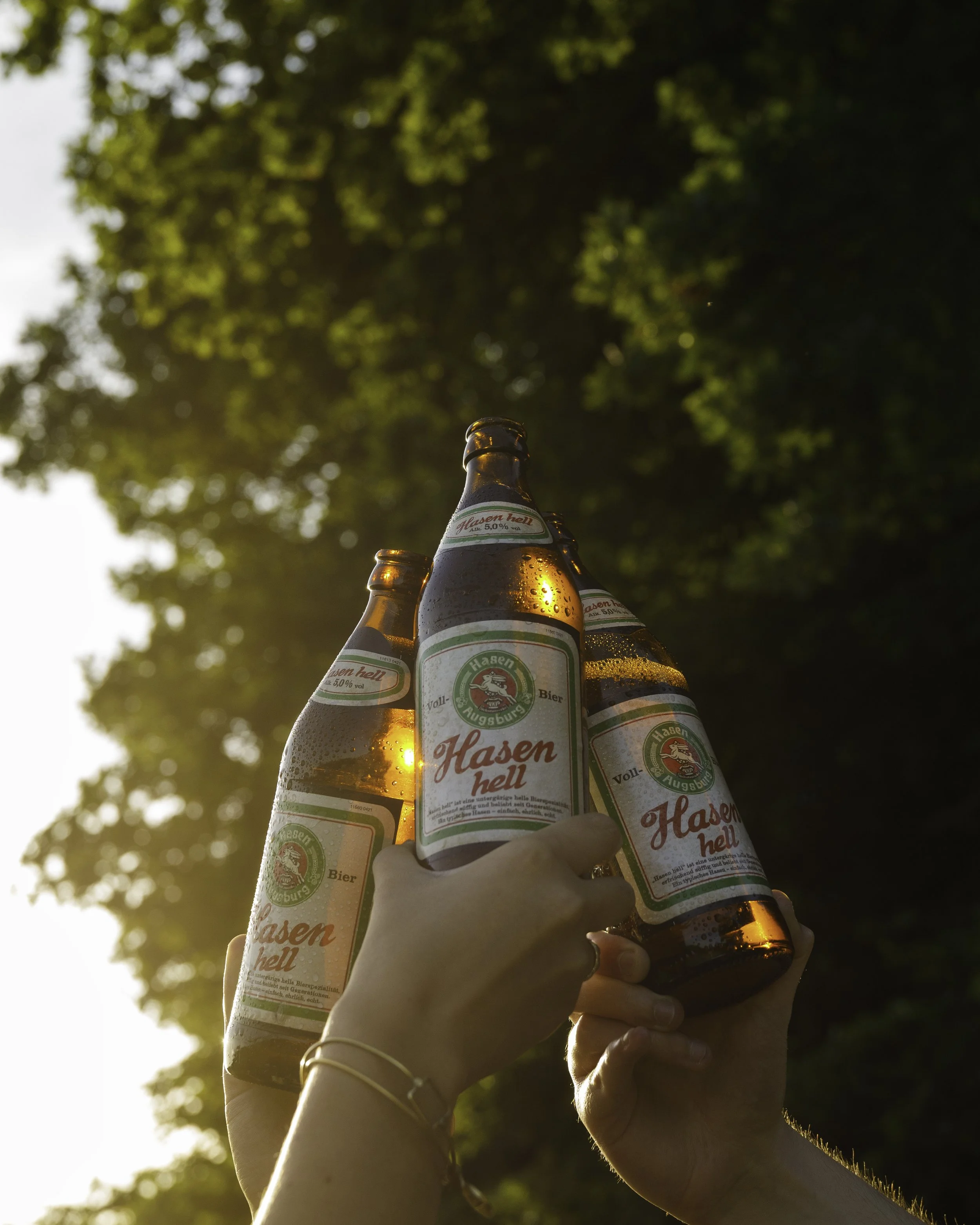 Mehrere Bierflaschen werden bei Sonnenuntergang nach oben gehalten, im Hintergrund sind Bäume und der Himmel zu sehen.