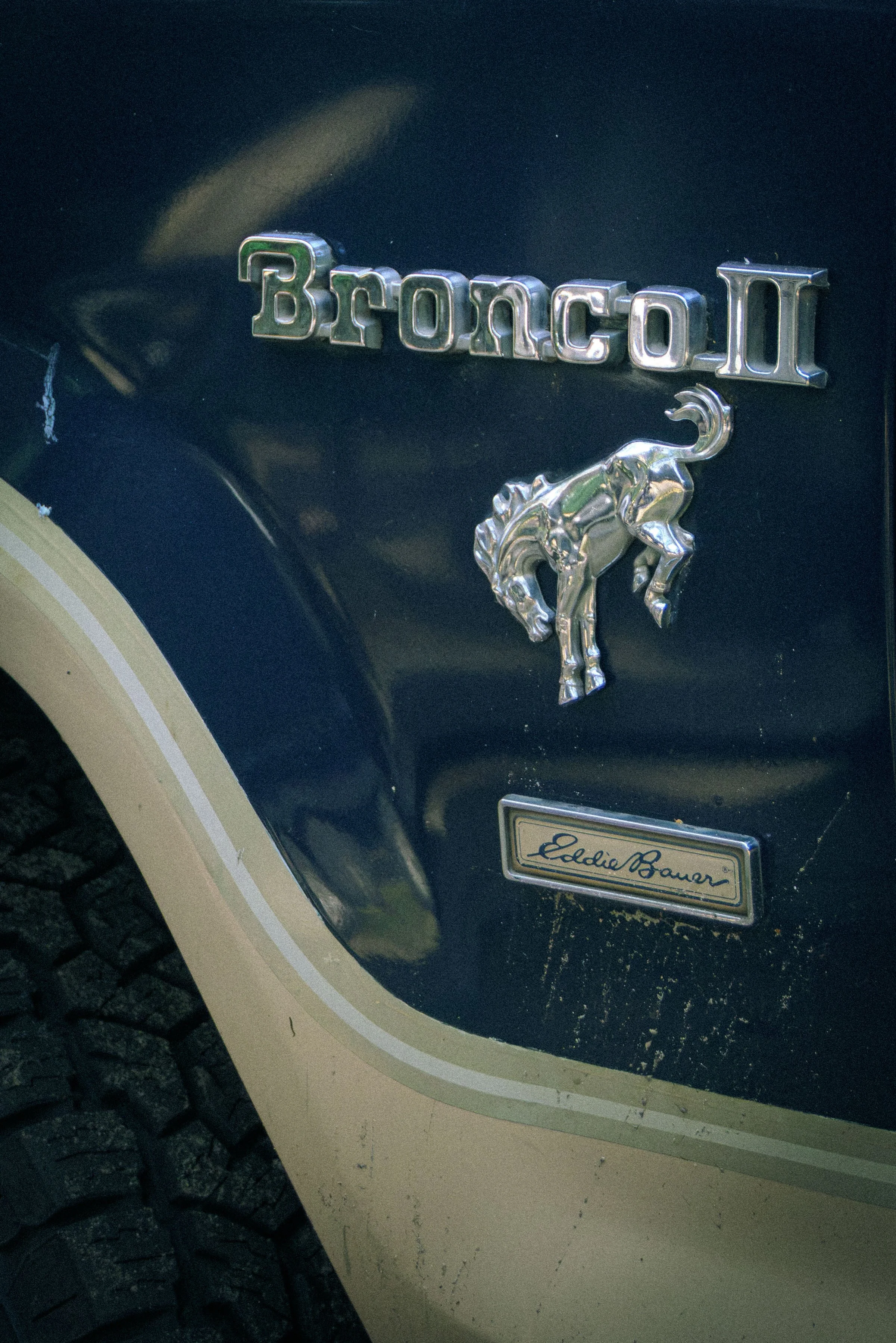 Nahaufnahme des "Bronco II"-Schriftzugs auf der Kotflügelseite eines cremefarbenen Oldtimer-Geländewagens