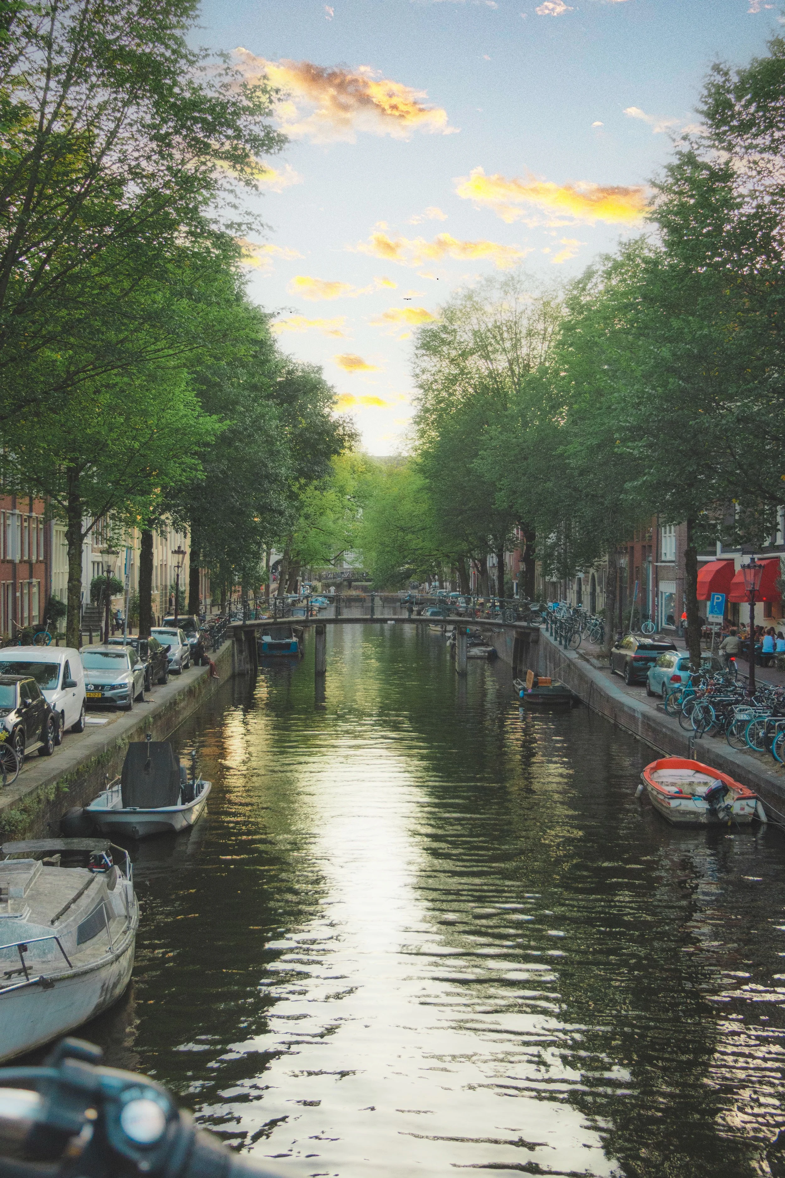 Amsterdamer Gracht mit vertäuten Booten unter herbstlich gefärbten Bäumen im Abendlicht