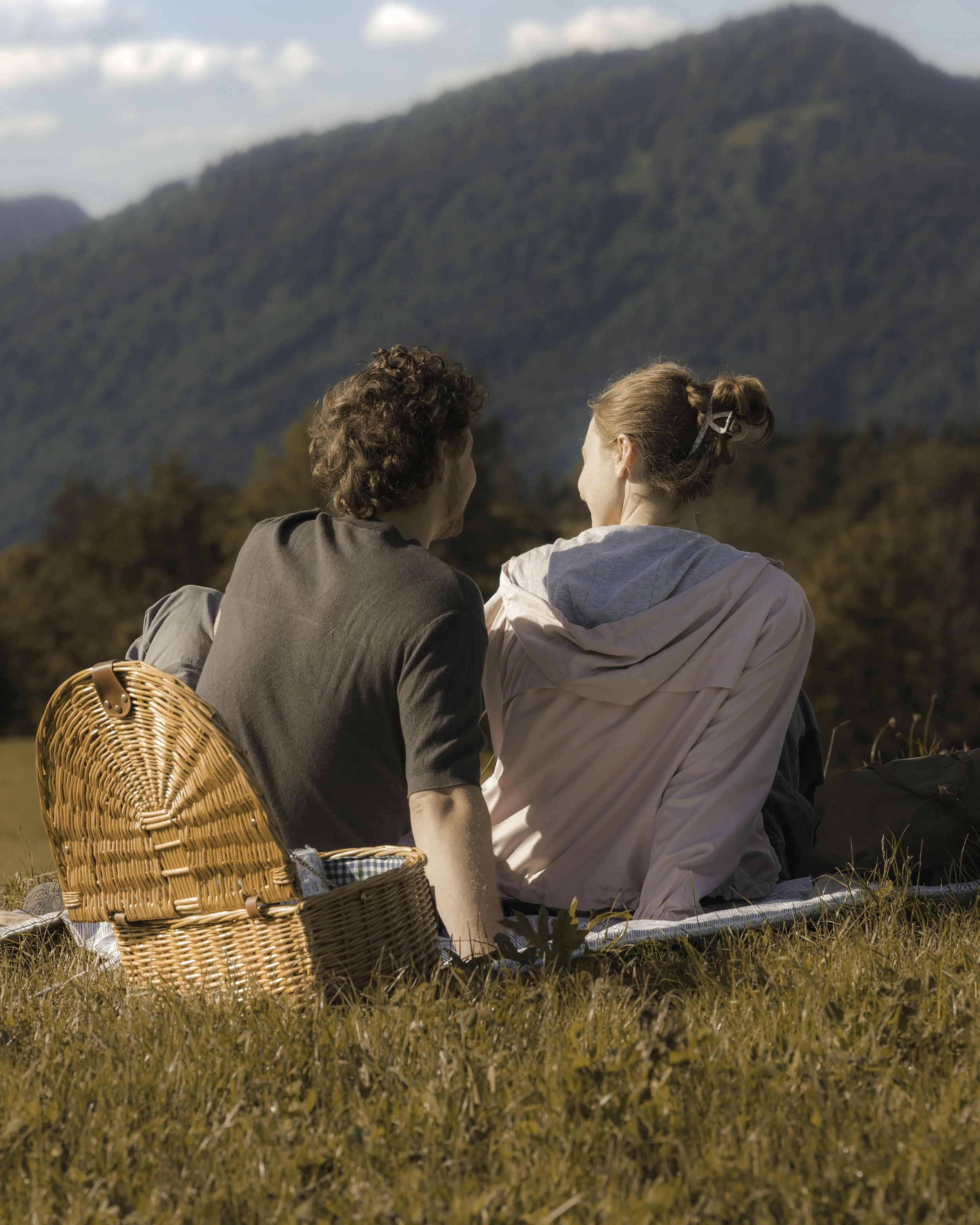 Ein Mann und eine Frau sitzen gemeinsam in der Natur mit Blick auf einen Berg, sitzen auf einer Decke im Gras, neben einem Korb mit Picknickutensilien, umgeben von Bäumen und blühendem Feld.