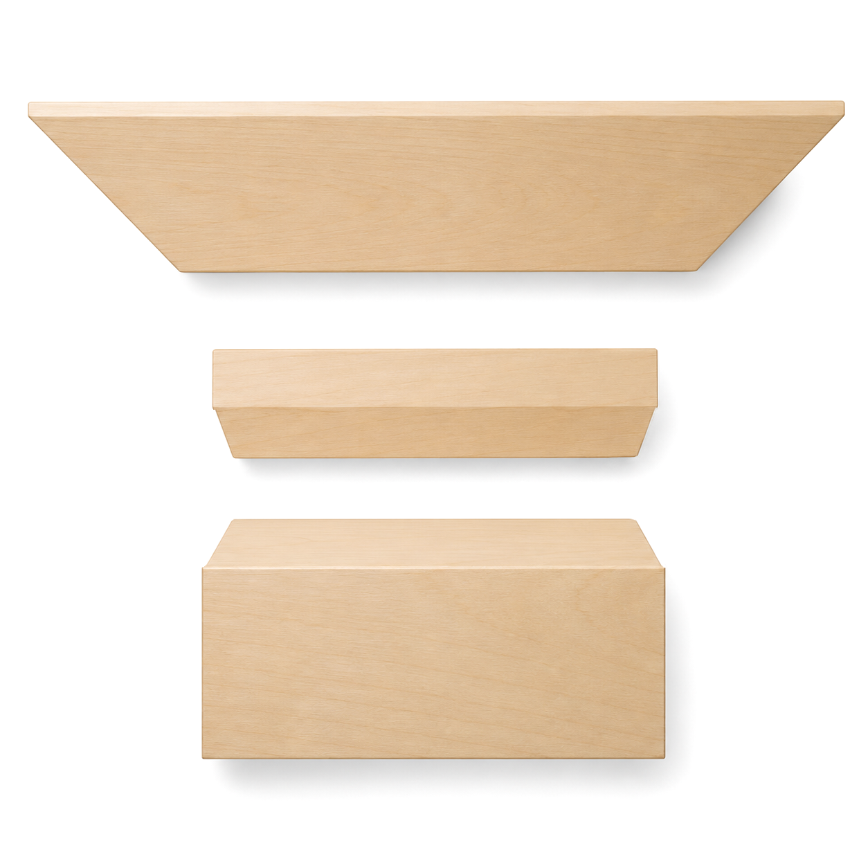Three light-colored wooden blocks of various sizes and shapes aligned vertically with shadows to the right.