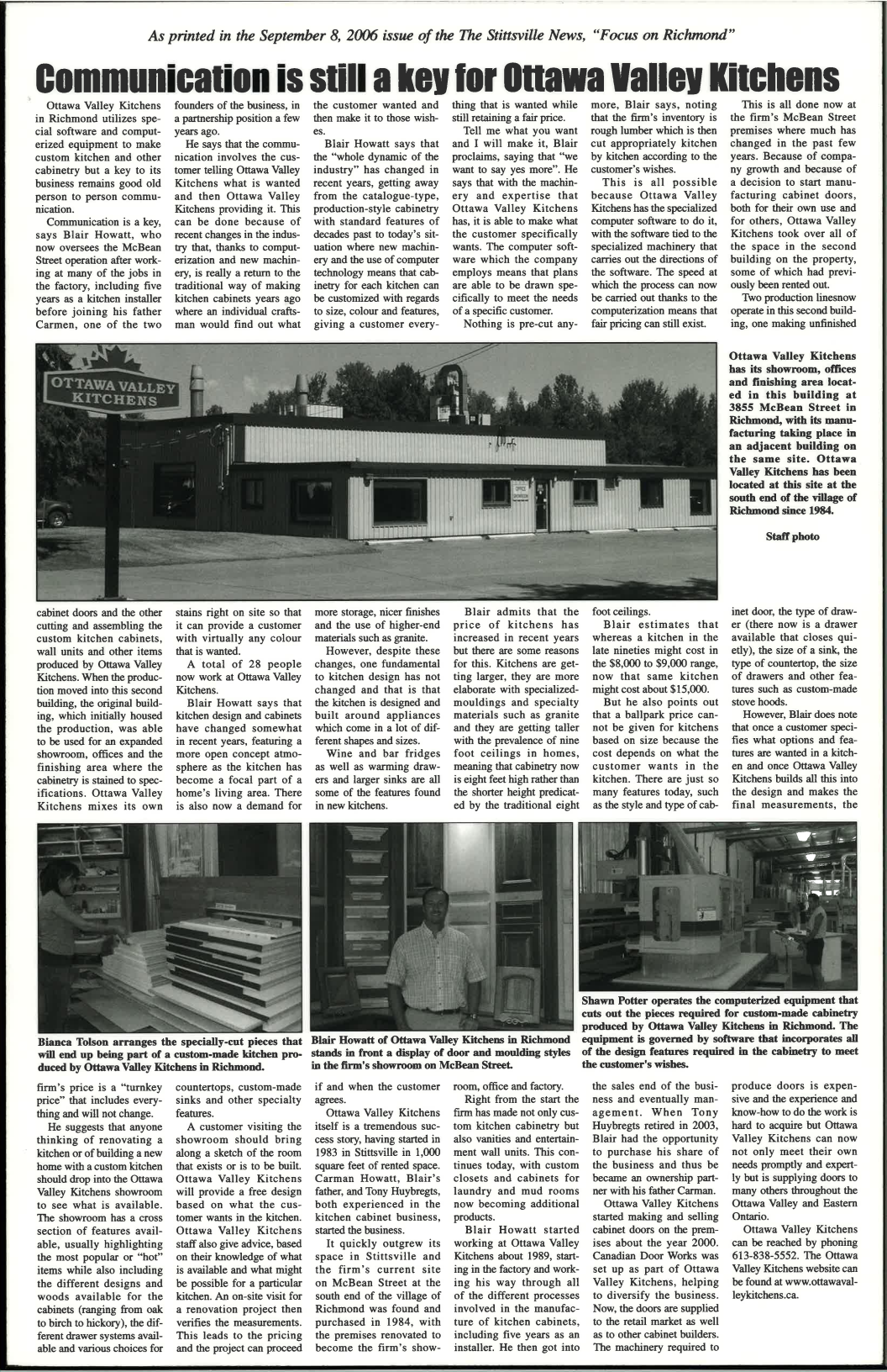 A newspaper article titled "Communication is still a key for Ottawa Valley Kitchens" features images of Ottawa Valley Kitchens building exterior, staff arranging kitchen pieces, and staff operating equipment, with columns of text describing the company and its products.