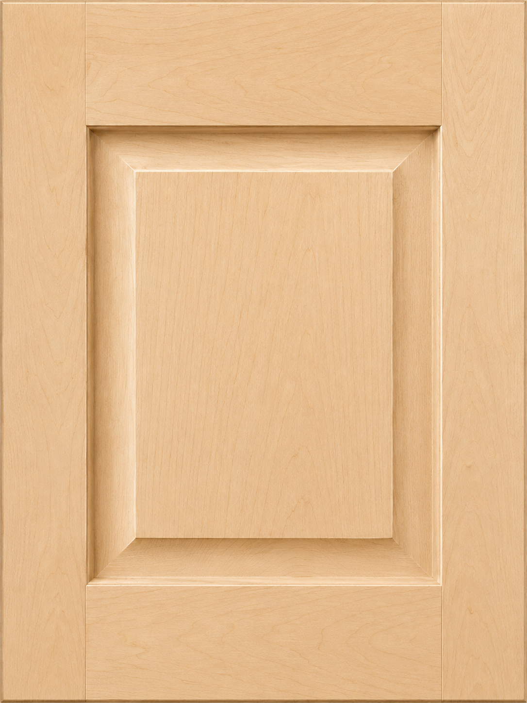 Close-up of a light wood kitchen cabinet door with a recessed center panel and beveled edges.