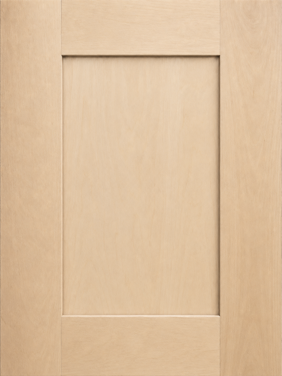 A close-up of a light wood cabinet door with recessed panel design.