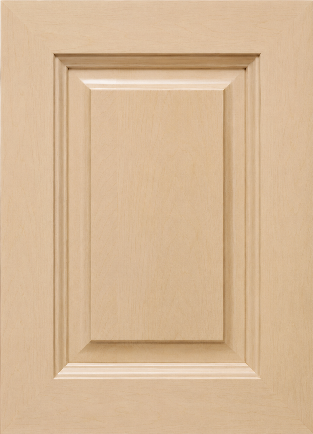 Close-up of a light-colored wooden kitchen cabinet door with raised panels and a smooth finish.