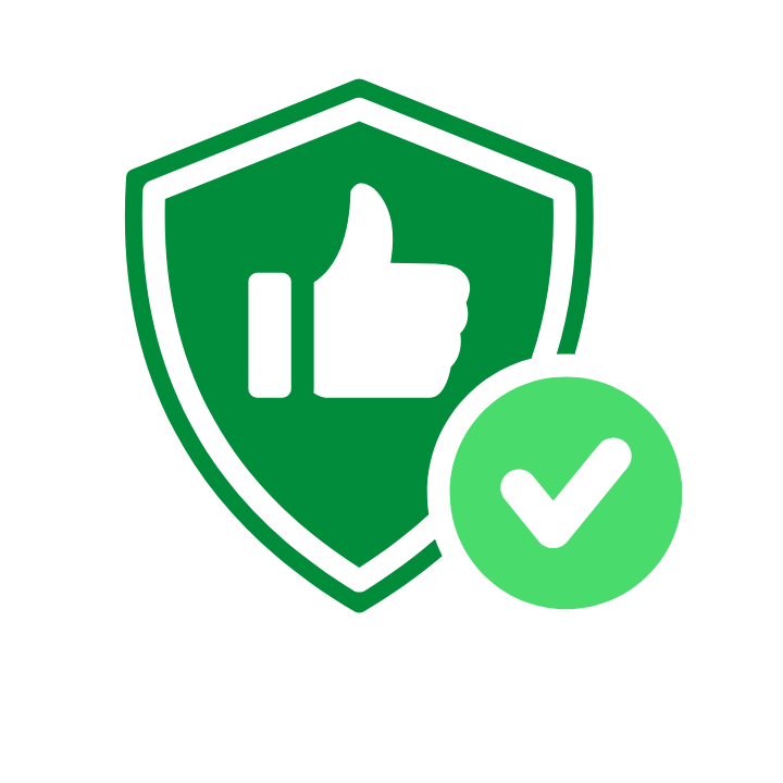 Green shield with a white thumbs-up symbol and a green circle with a white check mark, indicating approval or security.