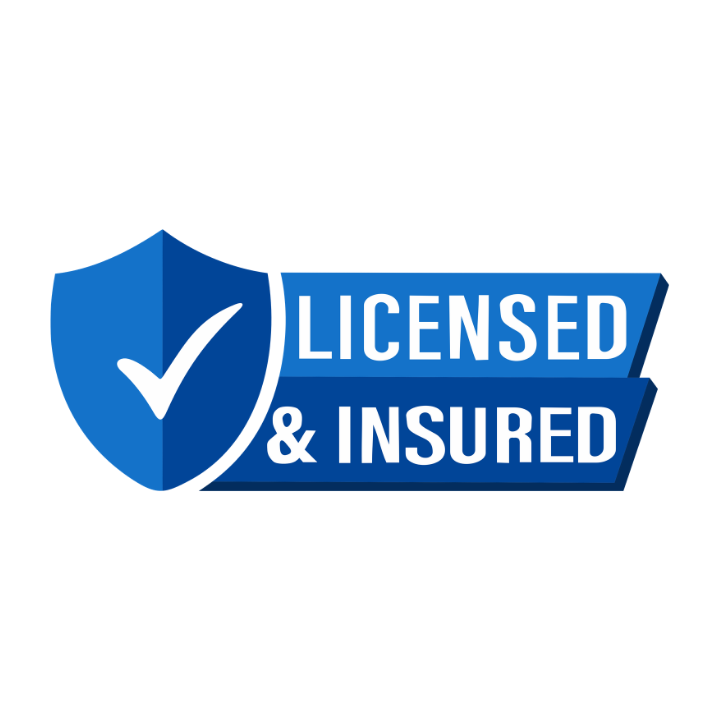 Blue shield icon with a checkmark next to the text "LICENSED & INSURED" in bold white letters on a dark blue banner.