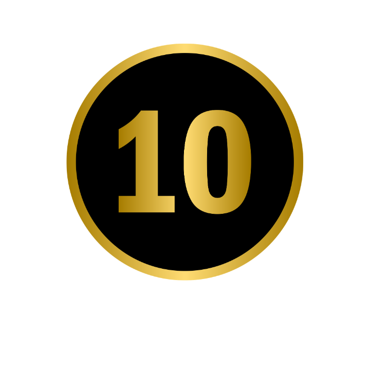 Number 10 in gold on a black circular background with a gold border.