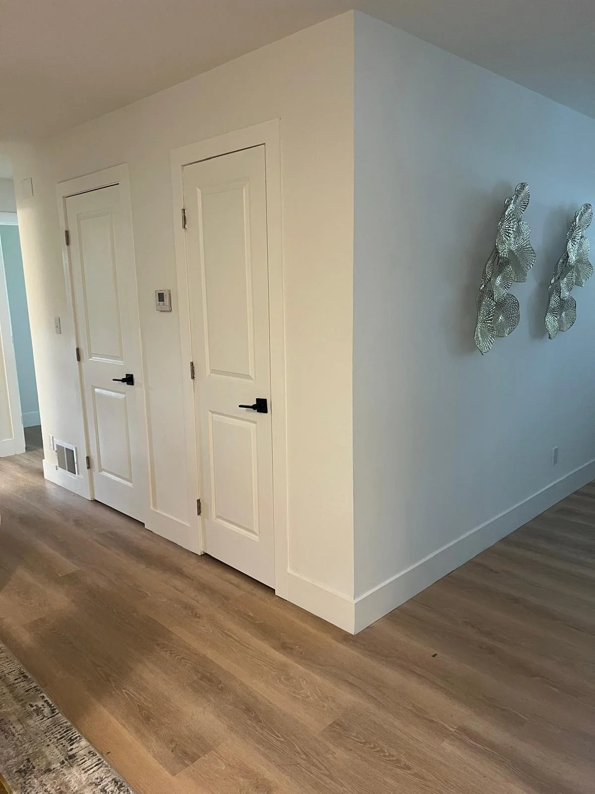 Interior of a home with white walls, two closed white doors with black handles, a wall-mounted thermostat, decorative silver wall art, and wood flooring.