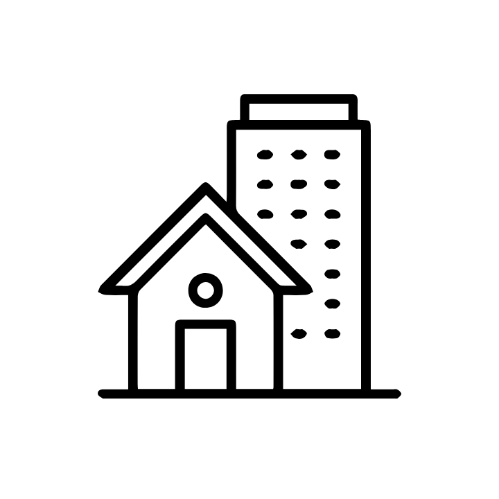 Line drawing of a house and a tall building.