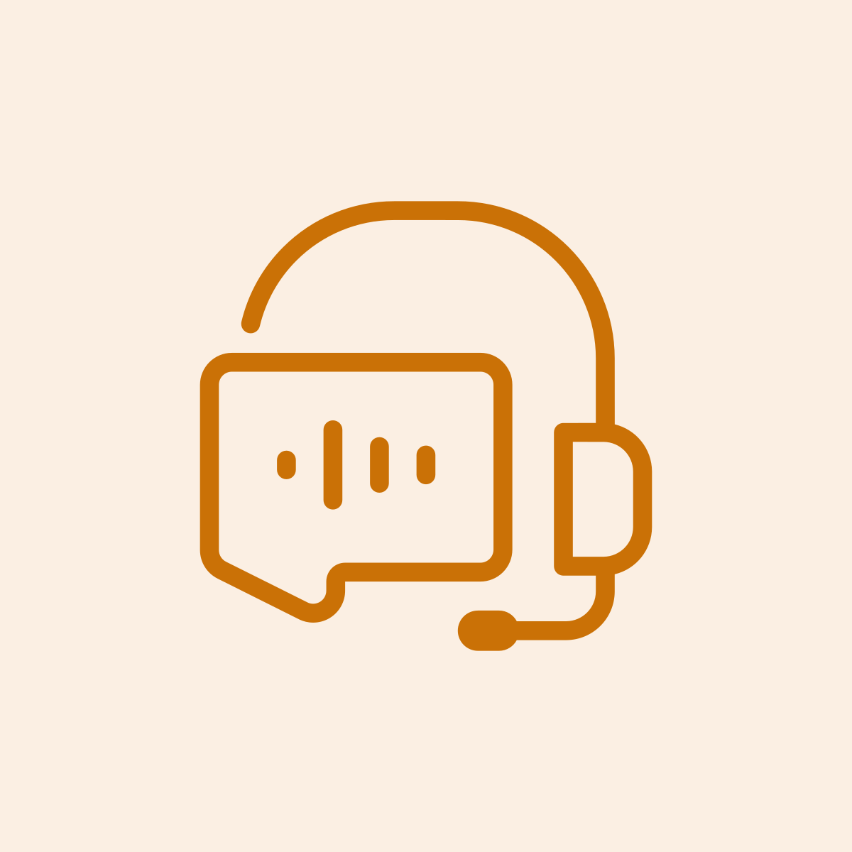 Outline of a headset with a speech bubble, indicating customer support or communication.