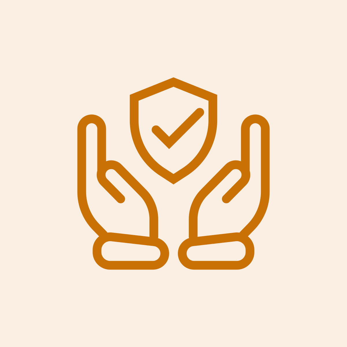 Line drawing of two hands holding a shield with a check mark in the center, symbolizing protection or security.