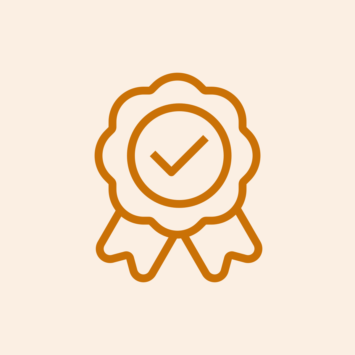 Line art illustration of an award badge with a ribbon, featuring a checkmark inside a circle at the center.