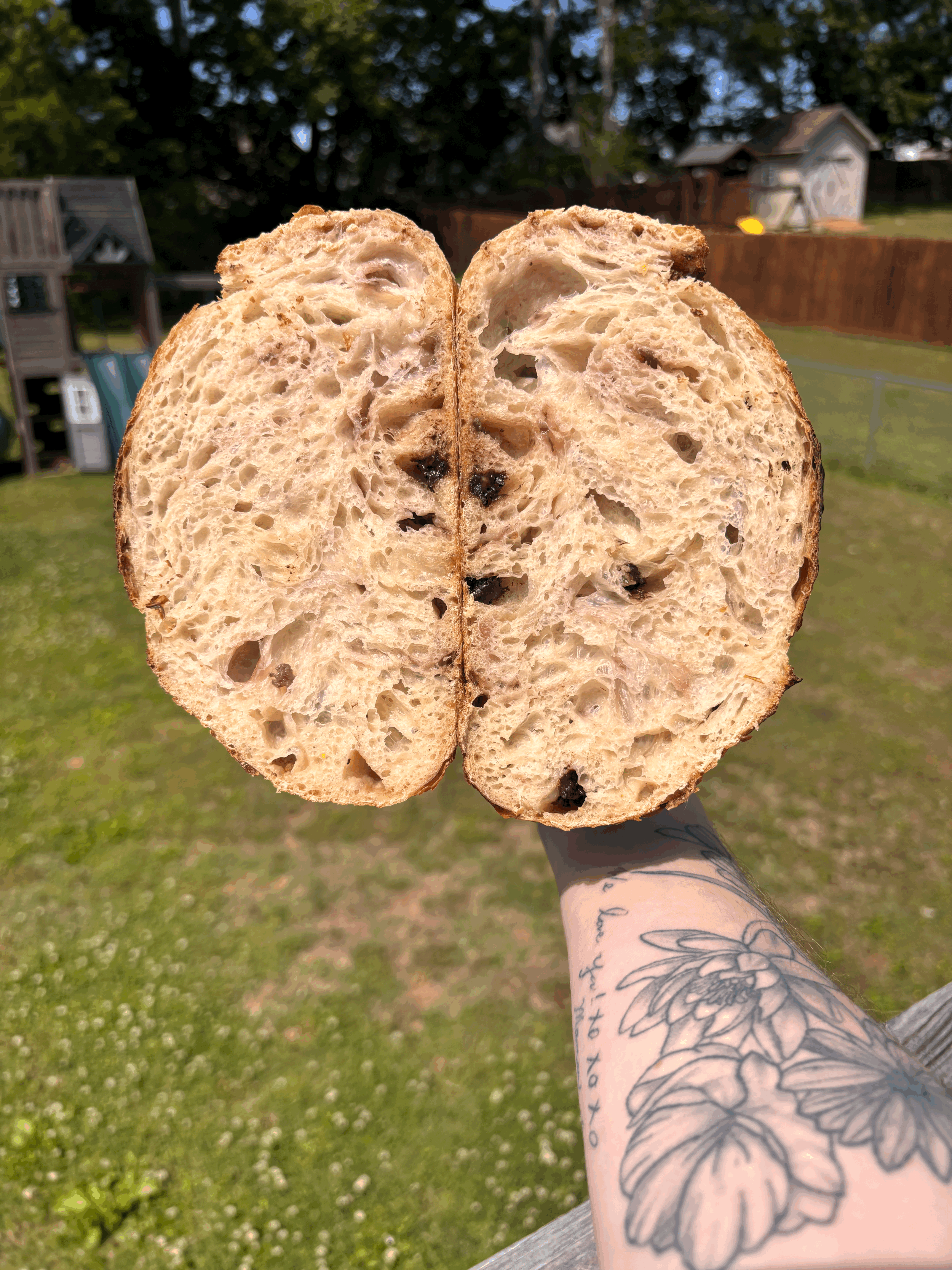 A person with a tattooed arm holding a halved loaf of bread outdoors. The background shows a grassy yard, a wooden fence, and a shed among trees.