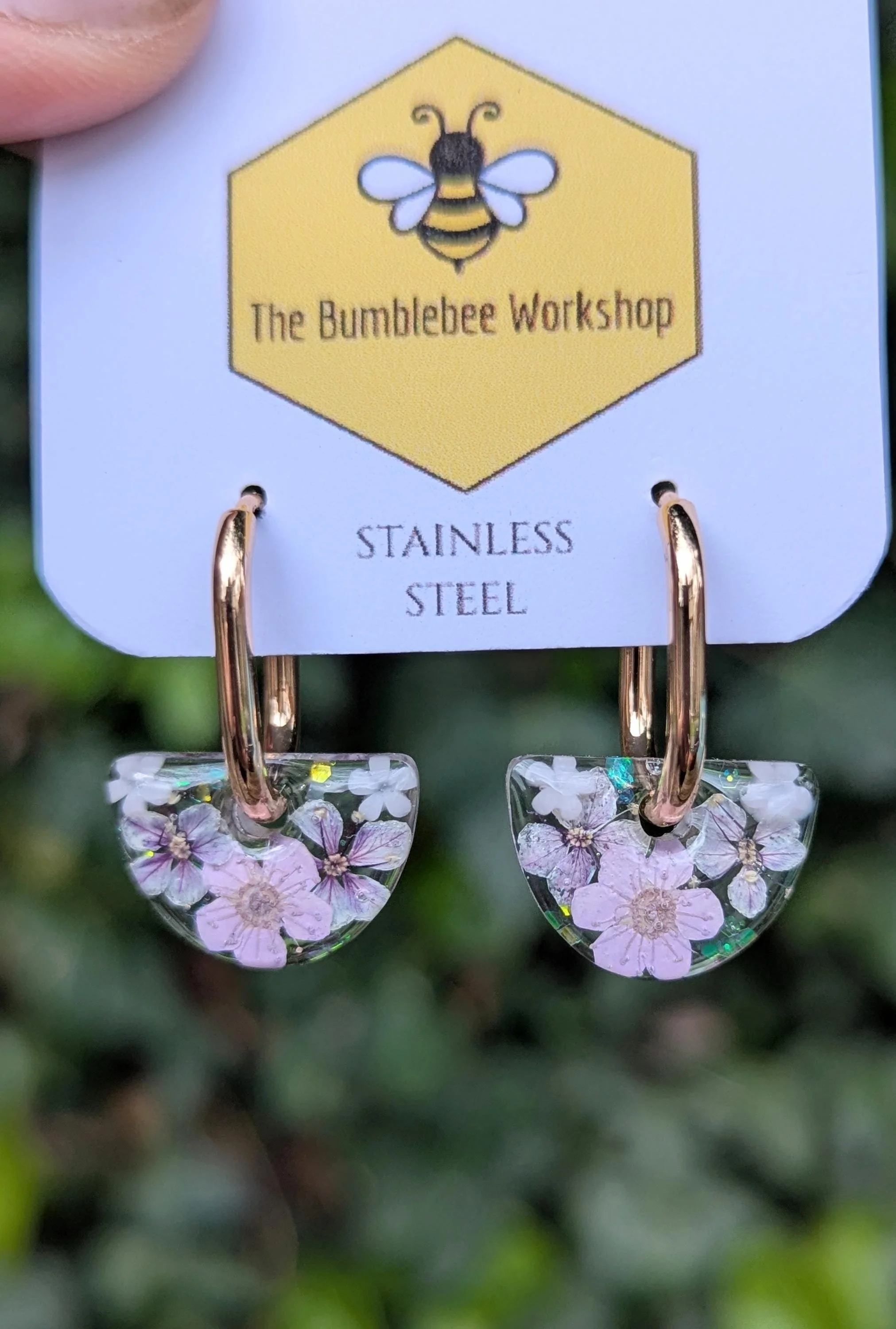 Unique Pressed Flower Earrings: Semi circle Resin Real Flower Hoops