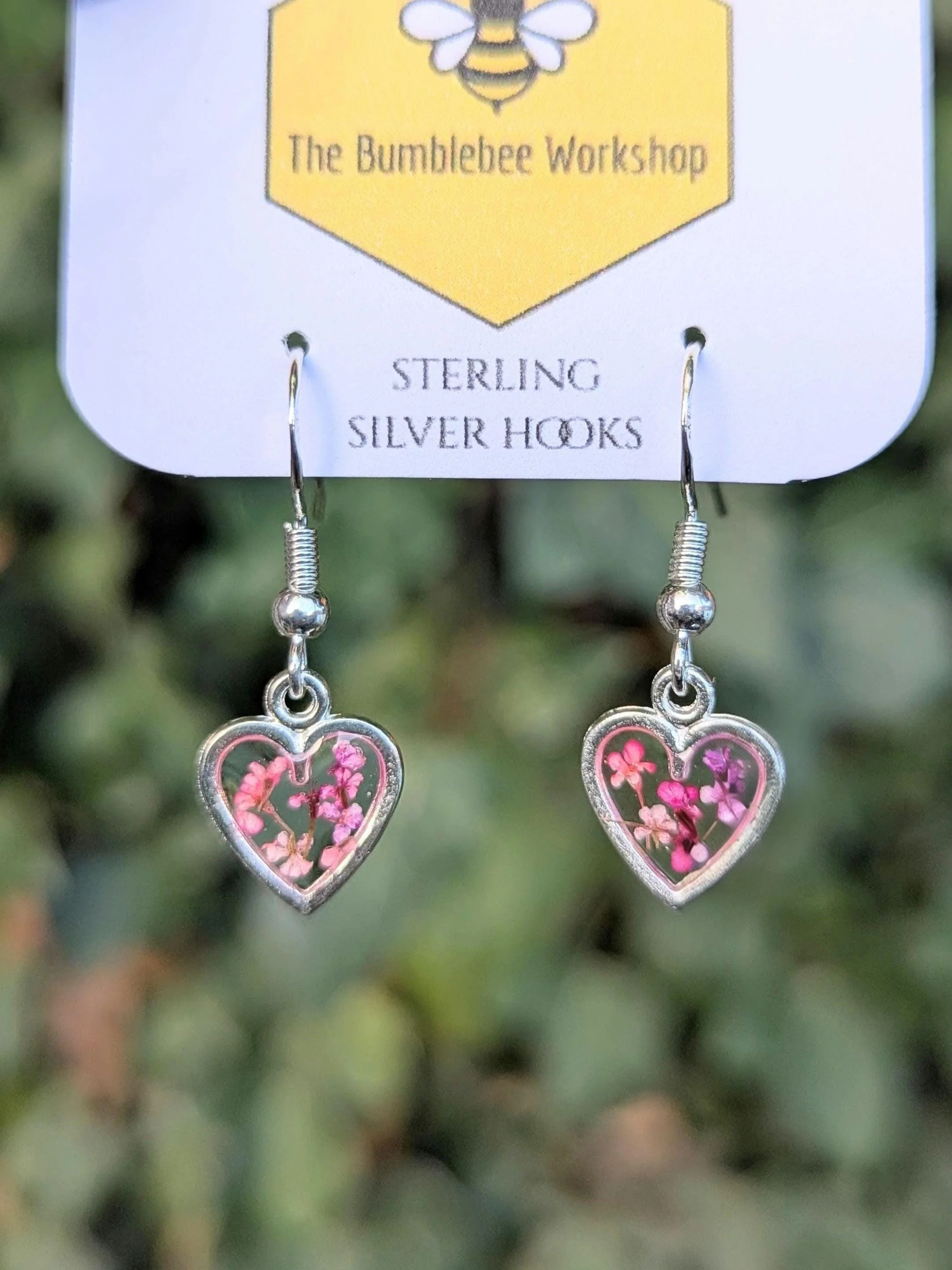 Real Flower Heart Earrings: Sterling Silver Dangle Drop Earrings