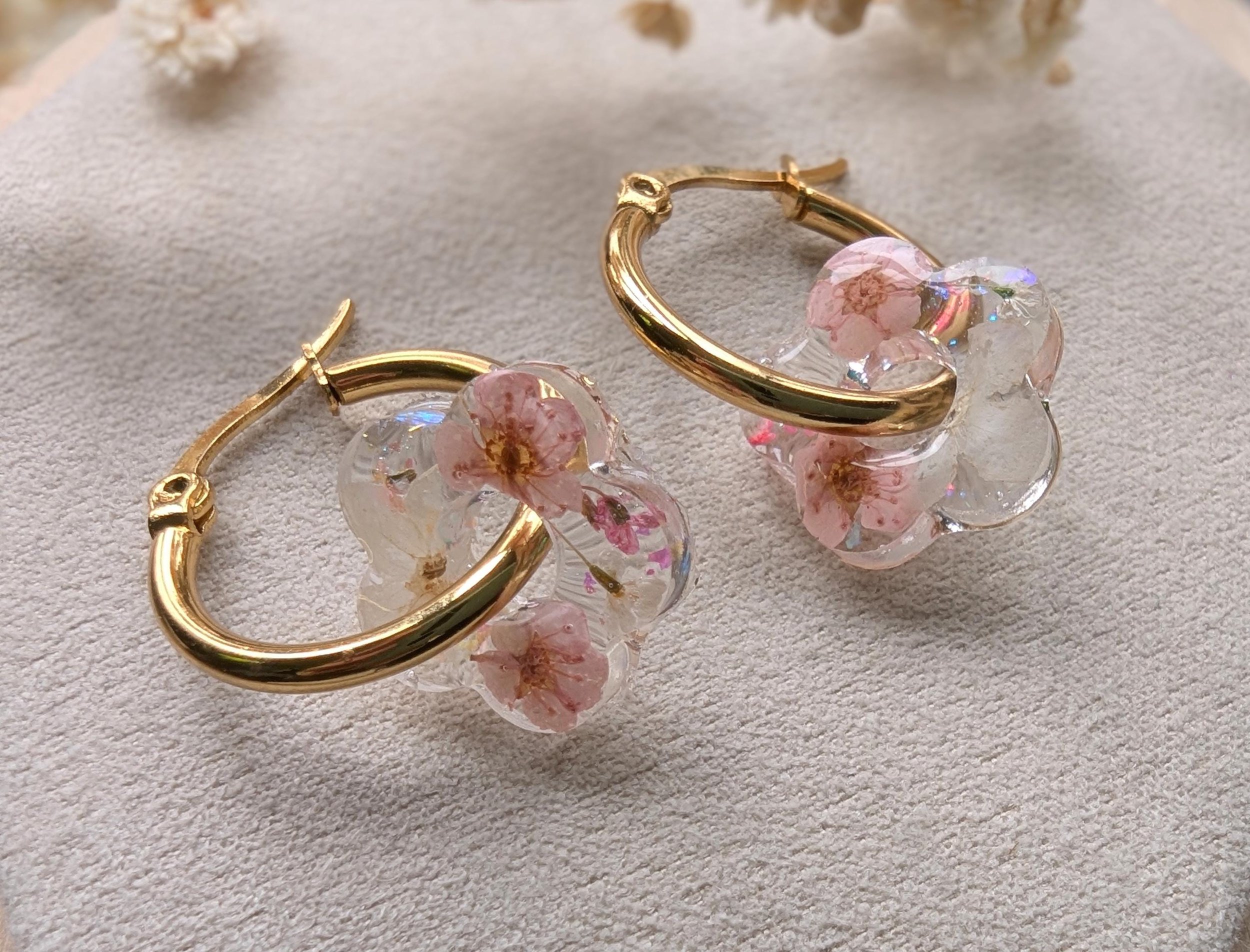 Pressed Flower Hoop Earrings: Pink & White Resin, Stainless Steel