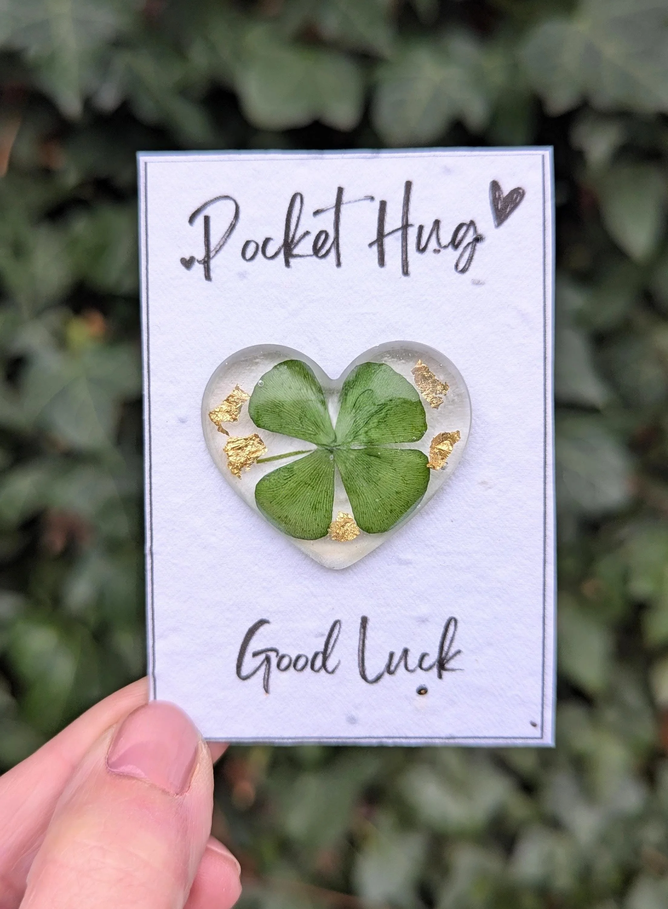 Good luck Pocket Hug: Resin Real Four Leaf Clover Heart with Plantable Seeded Card
