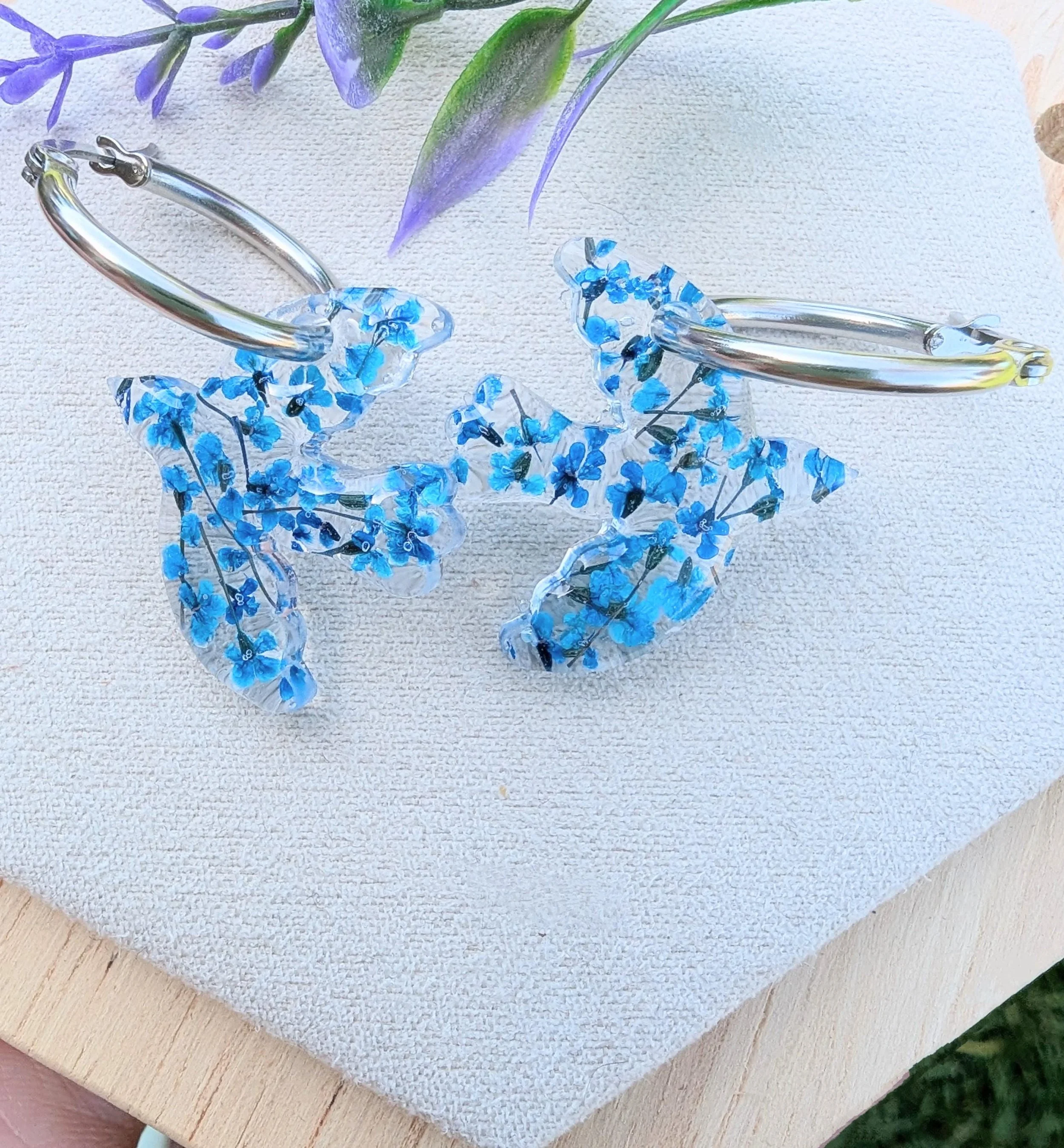 Pressed Blue Flower Bird Hoop Earrings: Stainless Steel Dove Jewellery