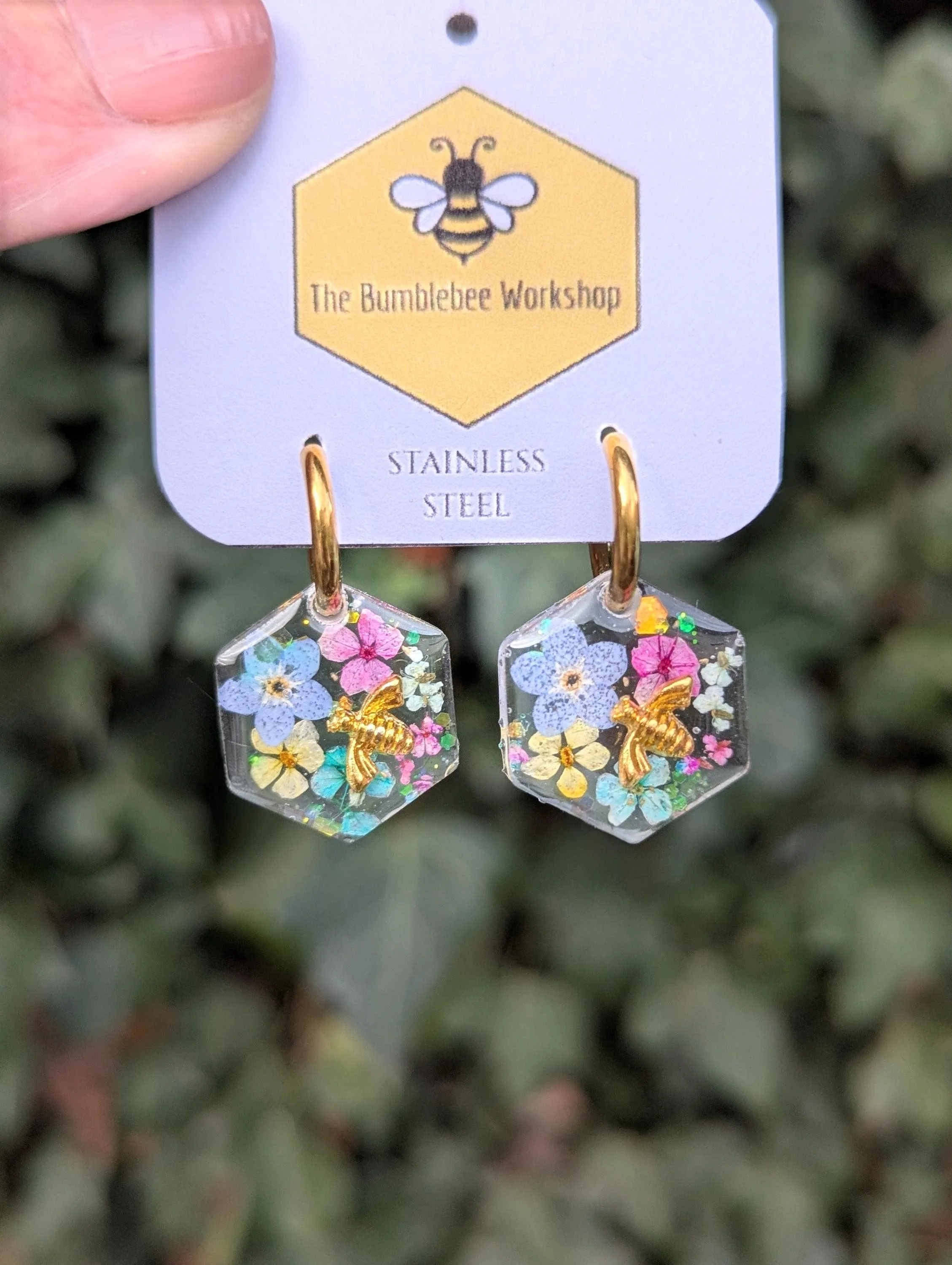Bumblebee Pressed Flower Earrings: Hexagon Resin Real Flower Hoops
