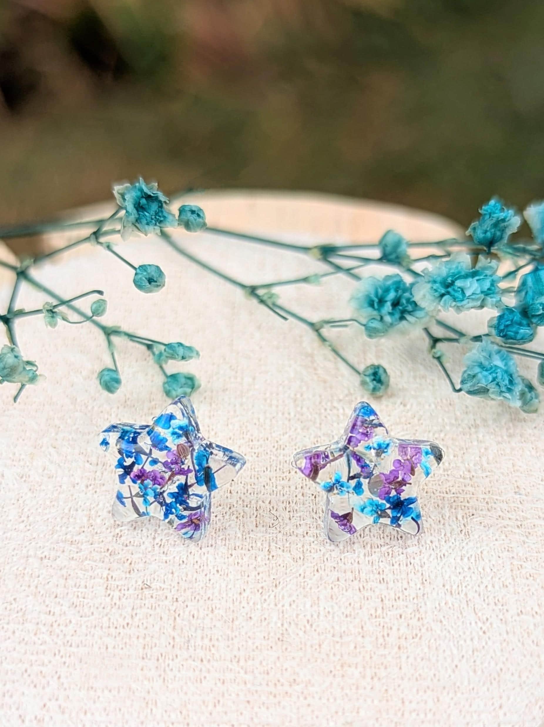 Star Pressed Flower Stud Earrings: Sterling Silver Resin Jewelry