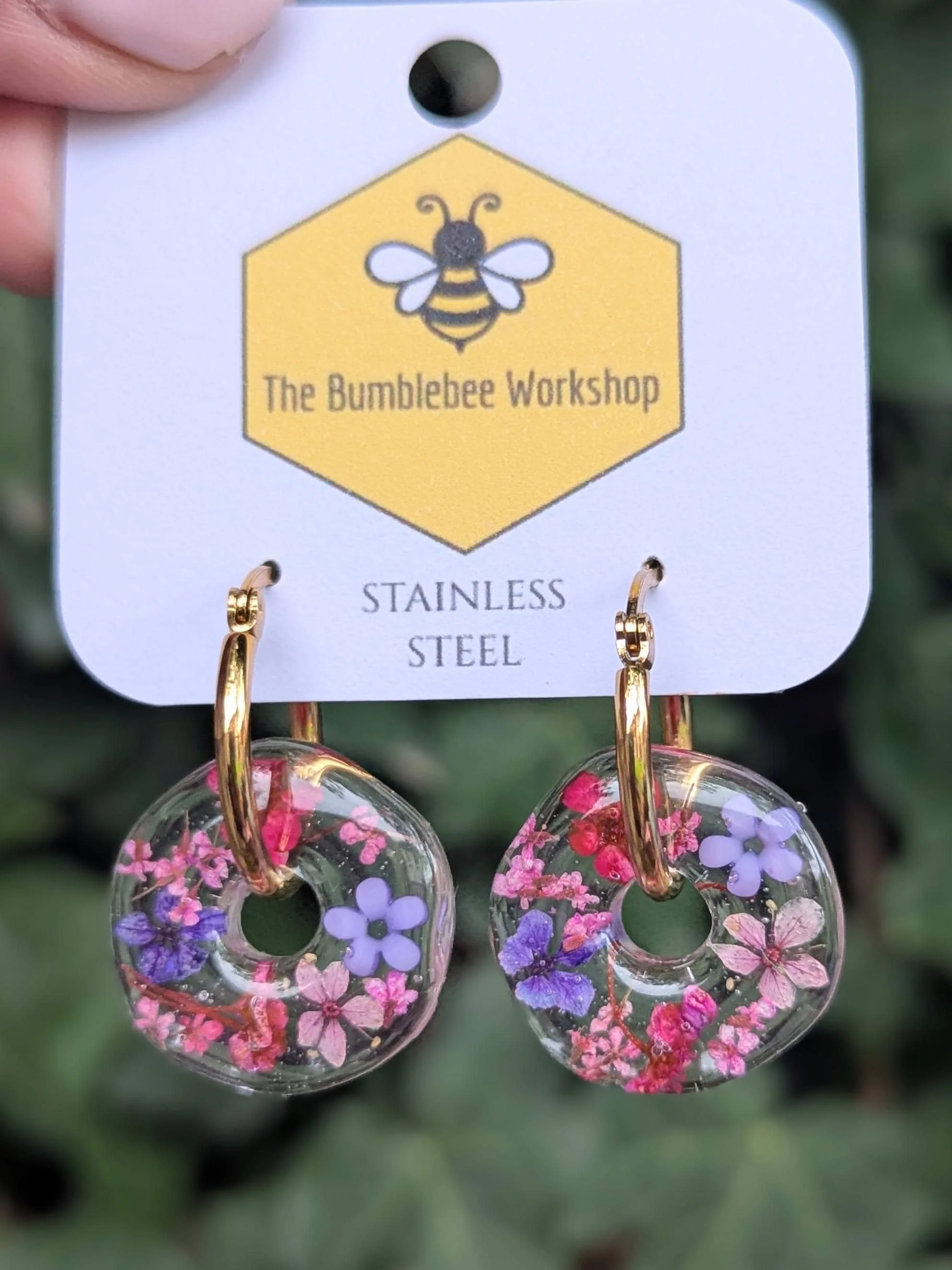 Real Flower Purple Petal Resin Earrings: Donut Gold Huggie Hoops, Floral Jewellery