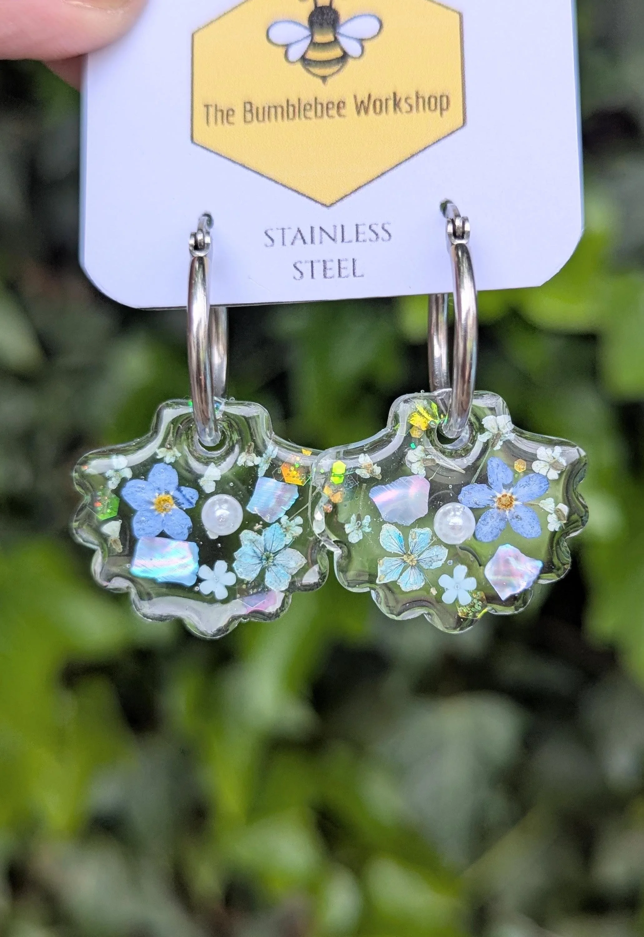 Pressed Flower Shell Earrings: Holiday Seashell Mermaidcore Resin Hoops