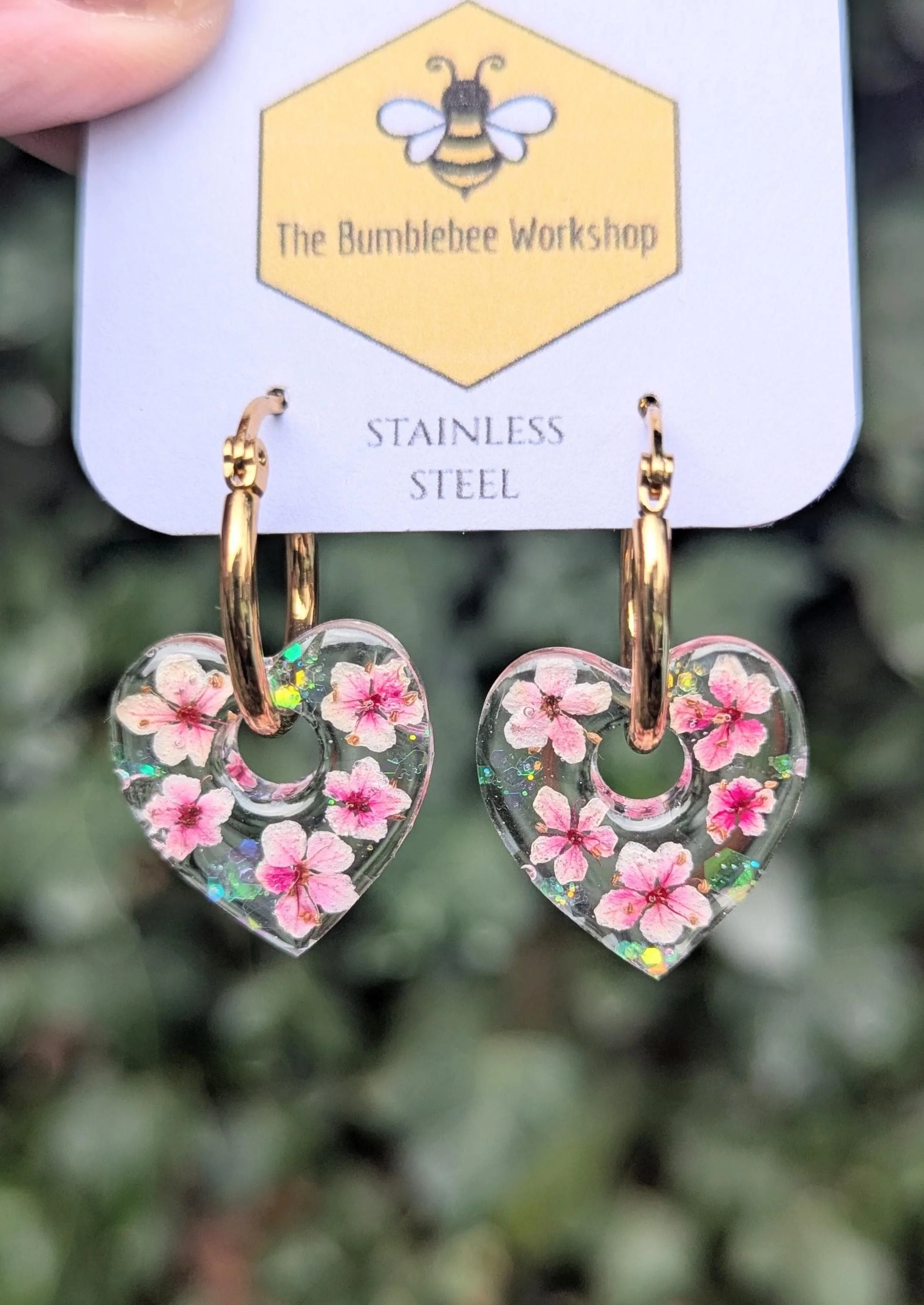 Heart Resin Earrings: Real Pressed Flowers, Stainless Steel Hoops