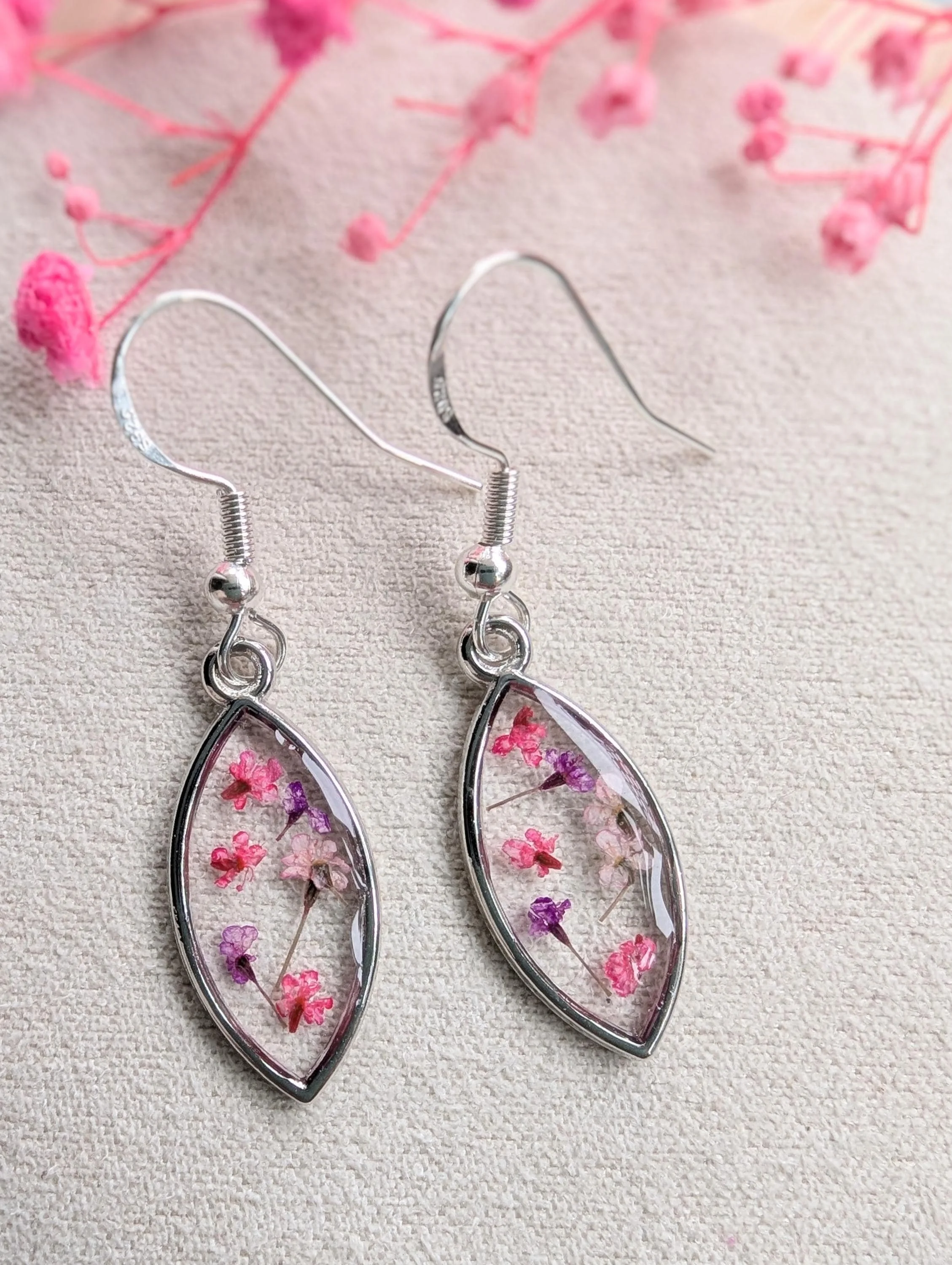 Leaf Resin Earrings: Sterling Silver Hooks, Pressed Tiny Flowers