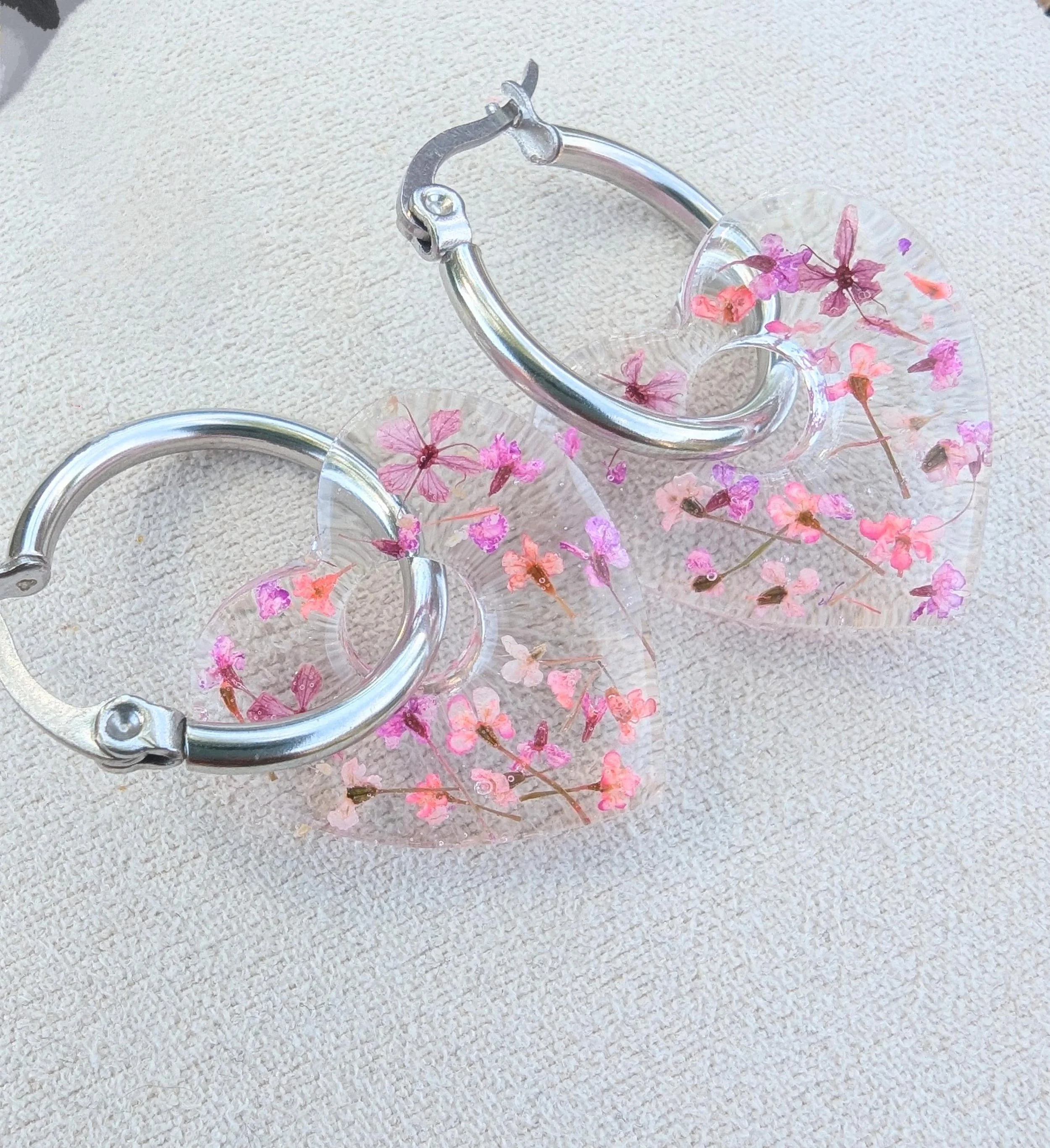 Pressed Flower Heart Earrings: Real Pink & Purple Blossoms