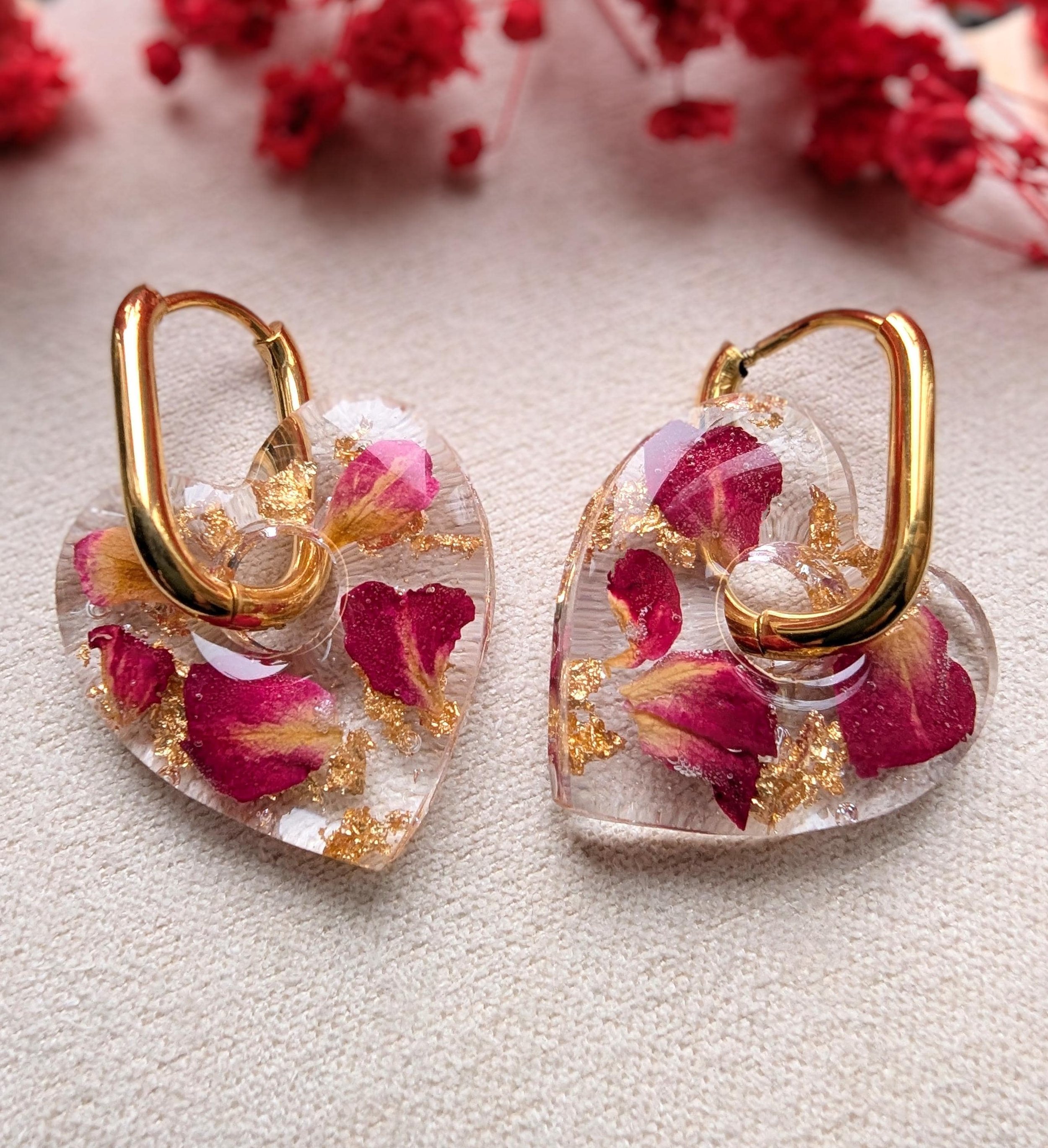 Heart Resin Earrings: Real Rose Petals, Gold Huggie Hoops