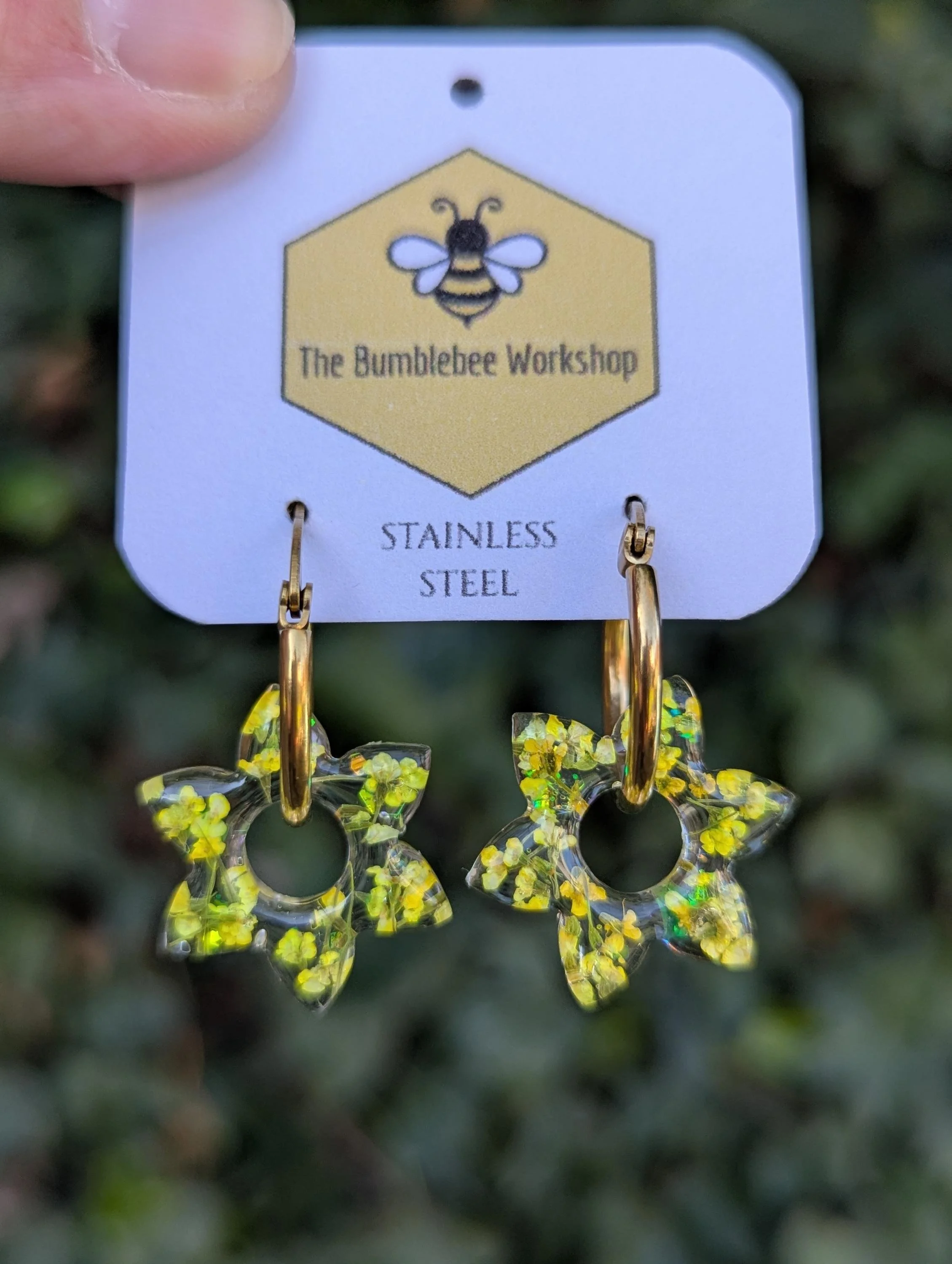 Real Sunflower Resin Hoop Earrings: Pressed Flower Stainless Steel Jewelry