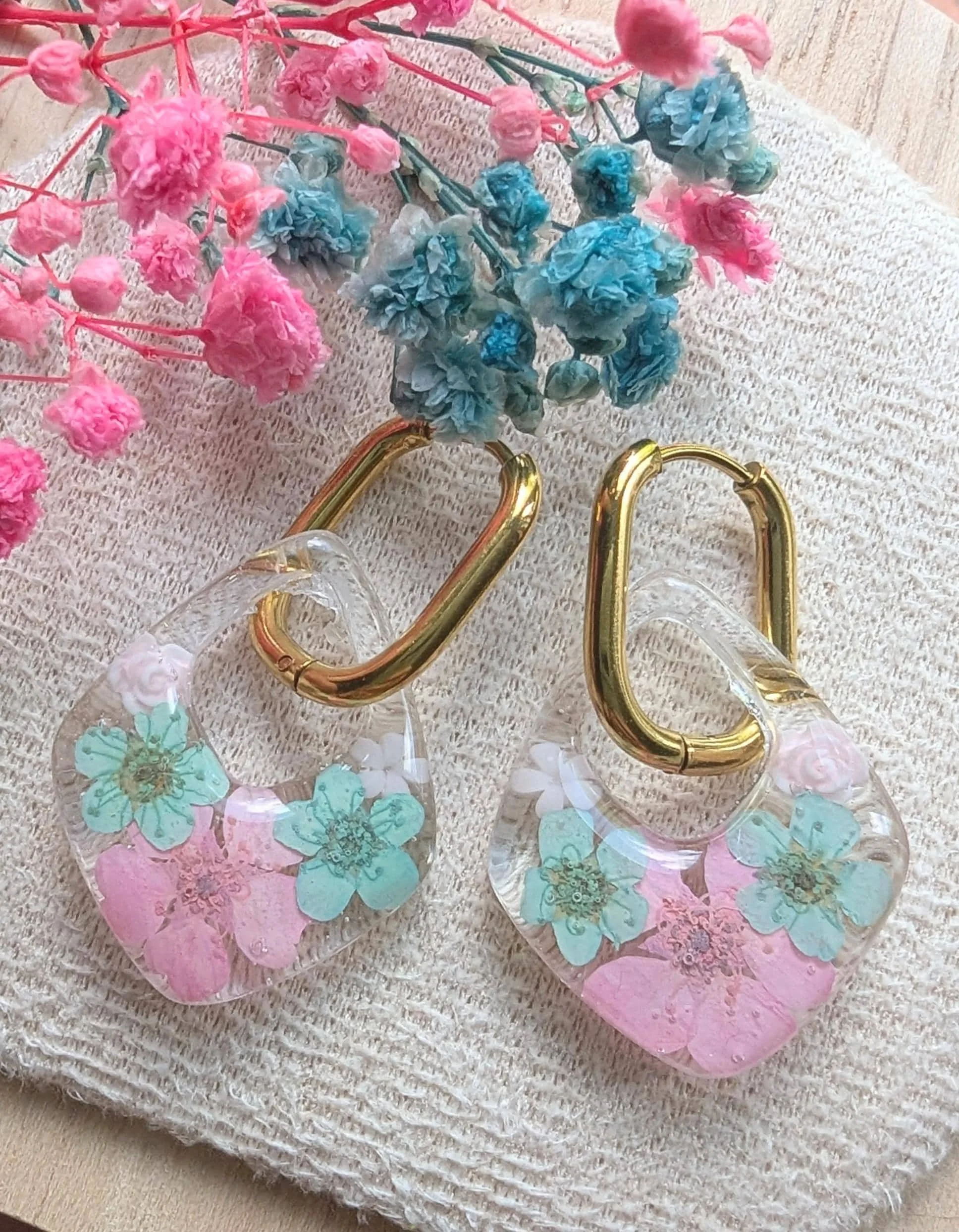 Pressed Flower Resin Earrings: Mint & Pink Diamond Hoops