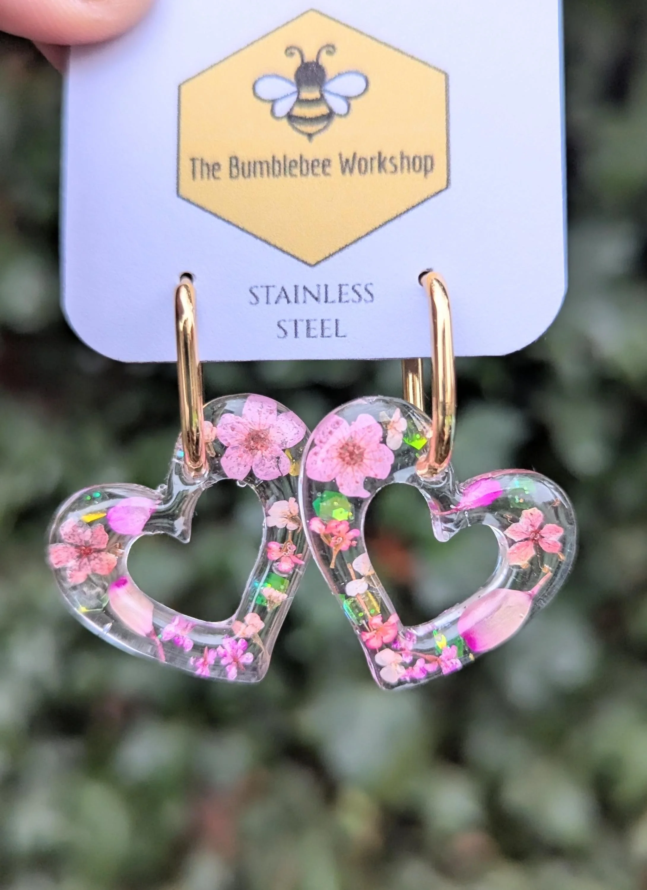 Pressed Flower Heart Earrings: Valentines Resin Stainless Steel Hoops