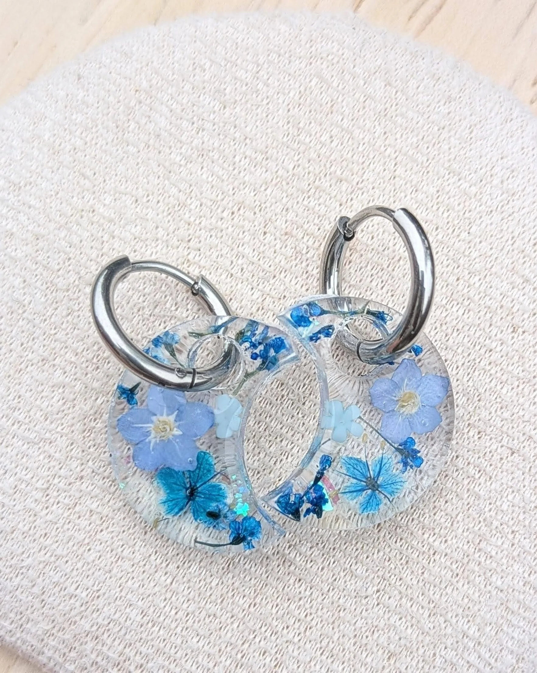 Pressed Flower Moon Earrings: Forget me not blues, Stainless Steel Hoops
