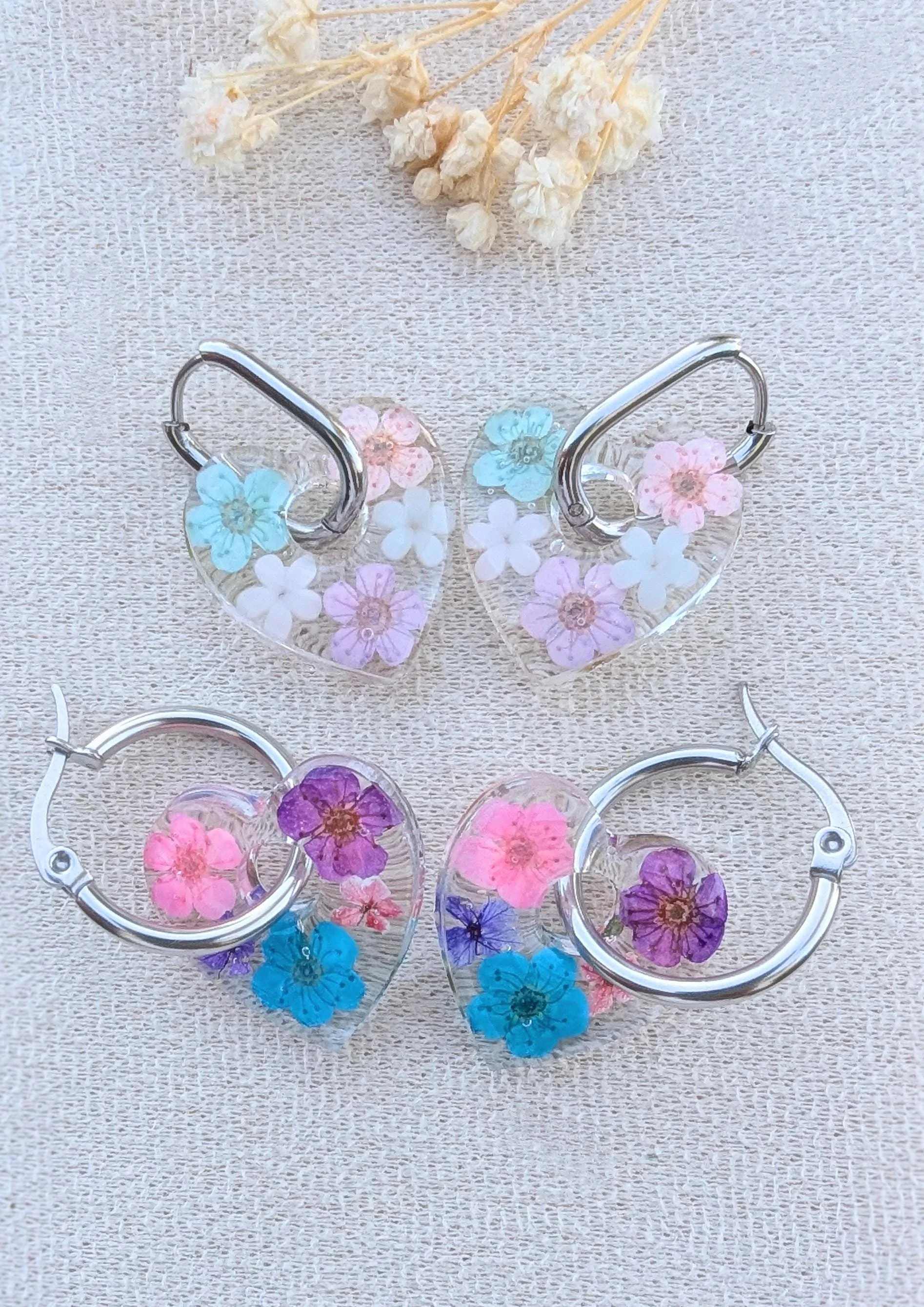 Pressed Flower Heart Earrings: Resin Art, Stainless Steel Hoops