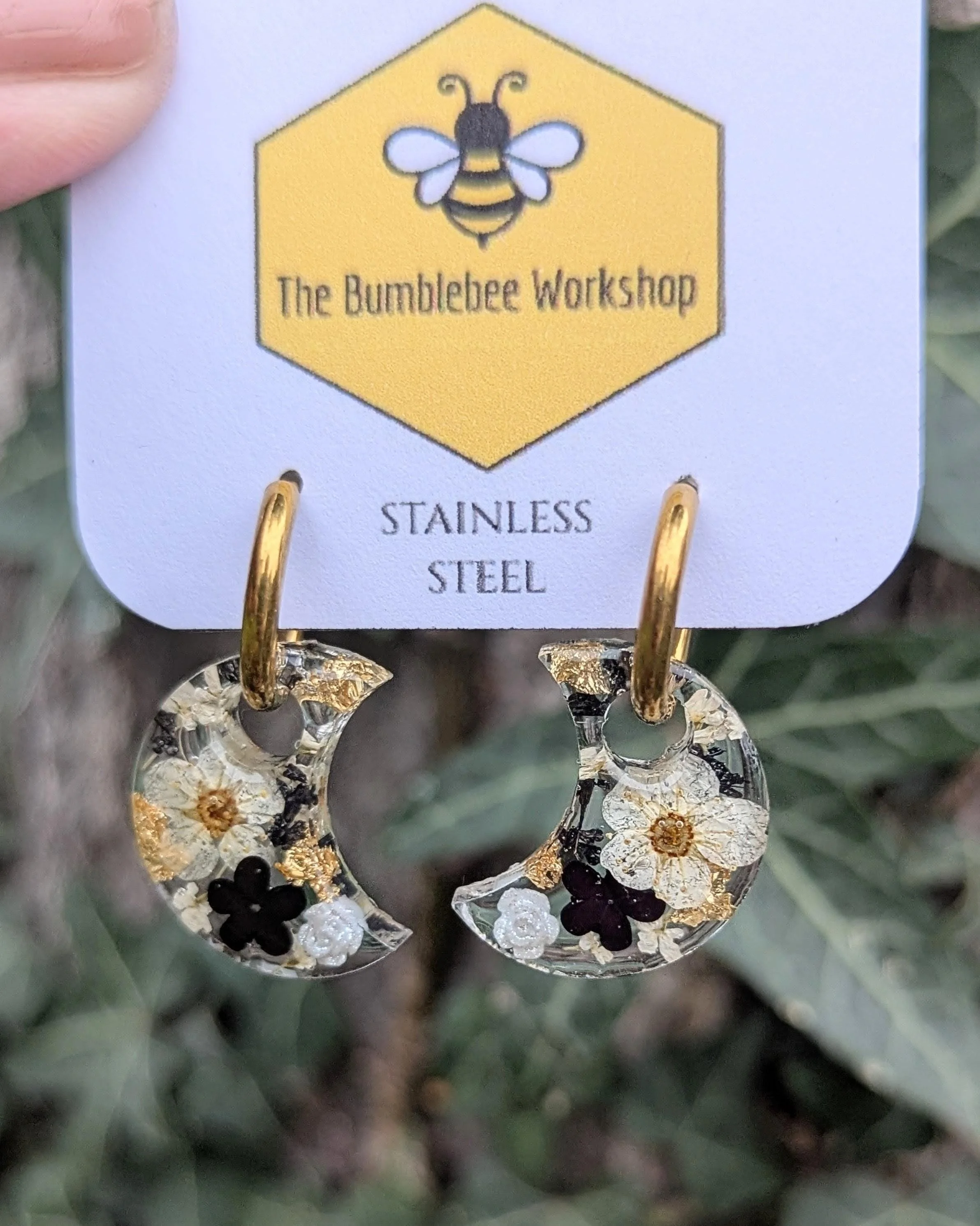 Pressed Flower Moon Earrings: Black, Cream and Gold Florals, Gold Stainless Steel Hoops
