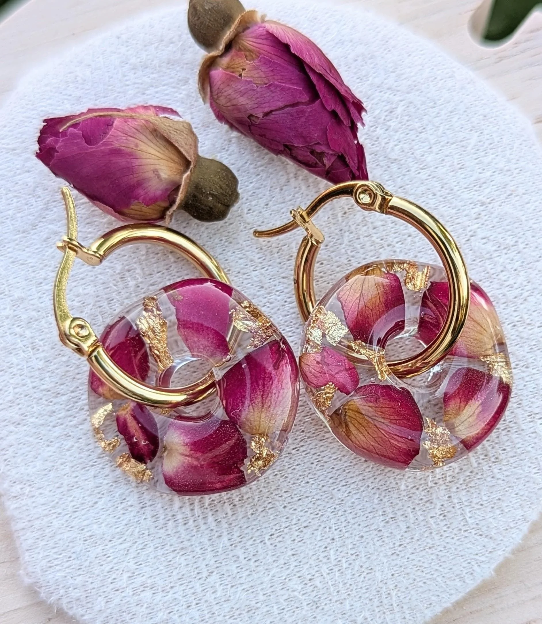 Real Rose Petal Resin Earrings: Donut Gold Huggie Hoops, Floral Jewellery